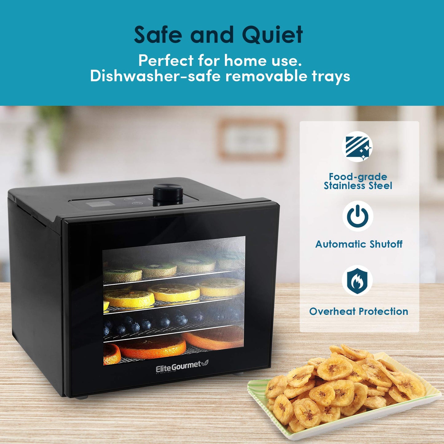 Elite Gourmet Deshidratador de alimentos, bandejas de acero inoxidable, deshidratador de alimentos, controles de temperatura ajustables, hierbas cecas, frutas, verduras y aperitivos