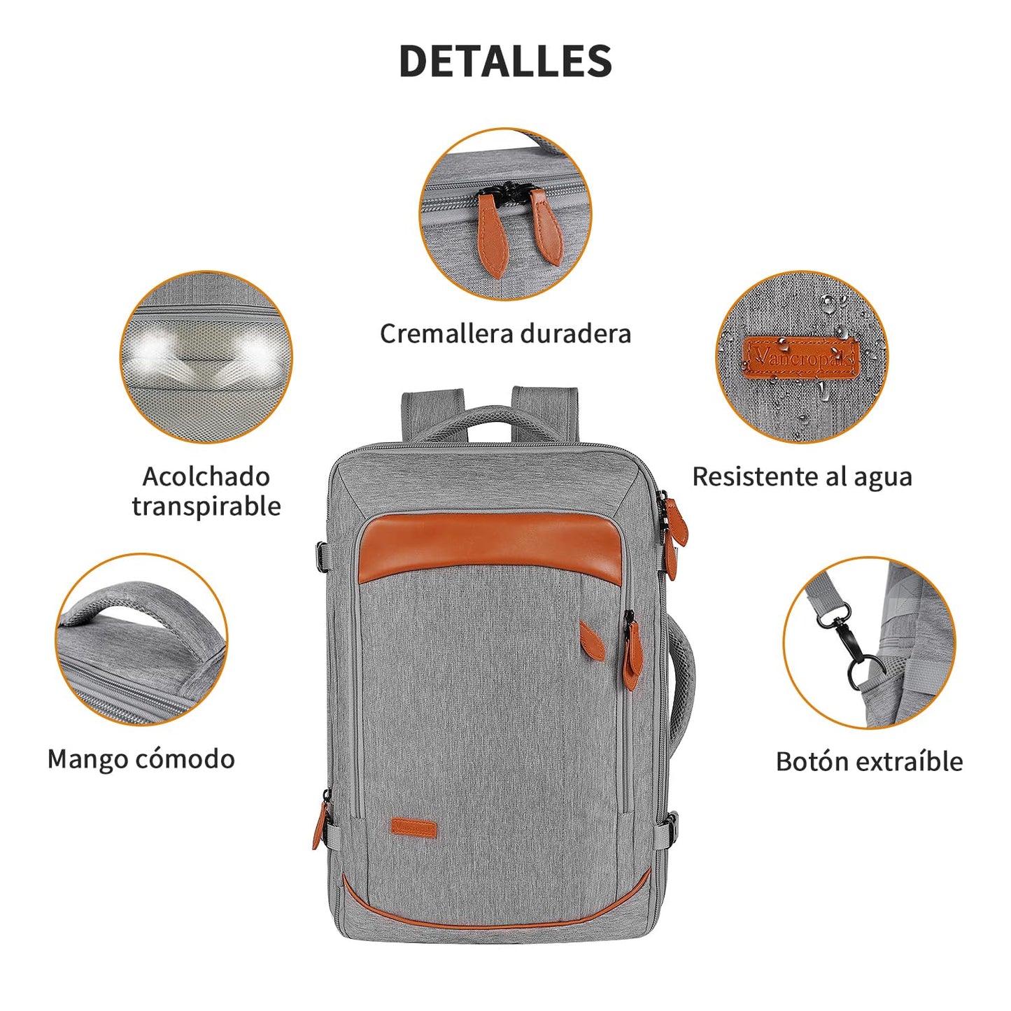 Juego de mochila de viaje de 5 piezas, mochila de equipaje certificada por vuelo extra grande 40 L, maleta expandible con 4 bolsas de almacenamiento, mochila de negocios impermeable, unisex (Gris)