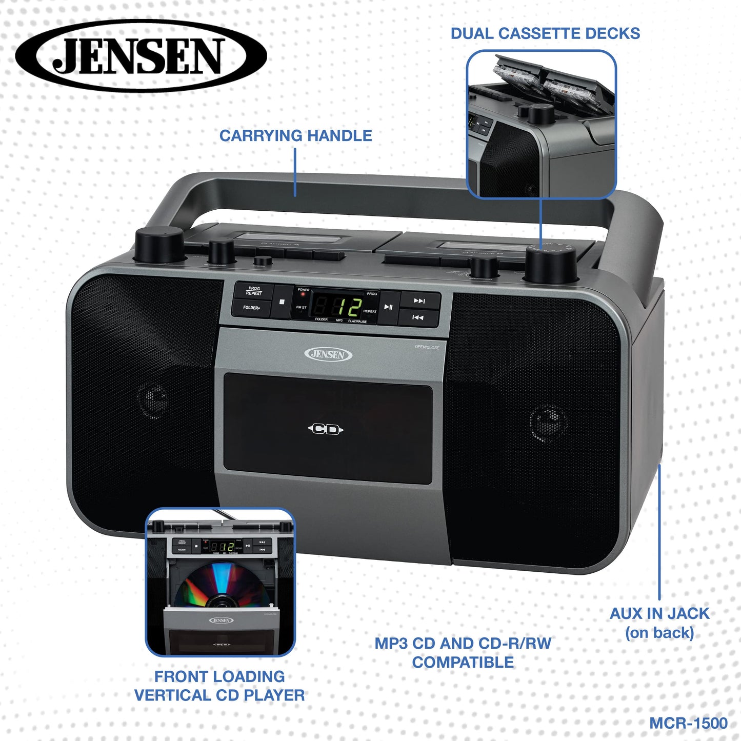 Jensen MCR-1500 Reproductor de CD y Casetes Portátil con Radio AM/FM, Estéreo, Gris, Compatible con CD y MP3, Conectividad Auxiliar y Auricular