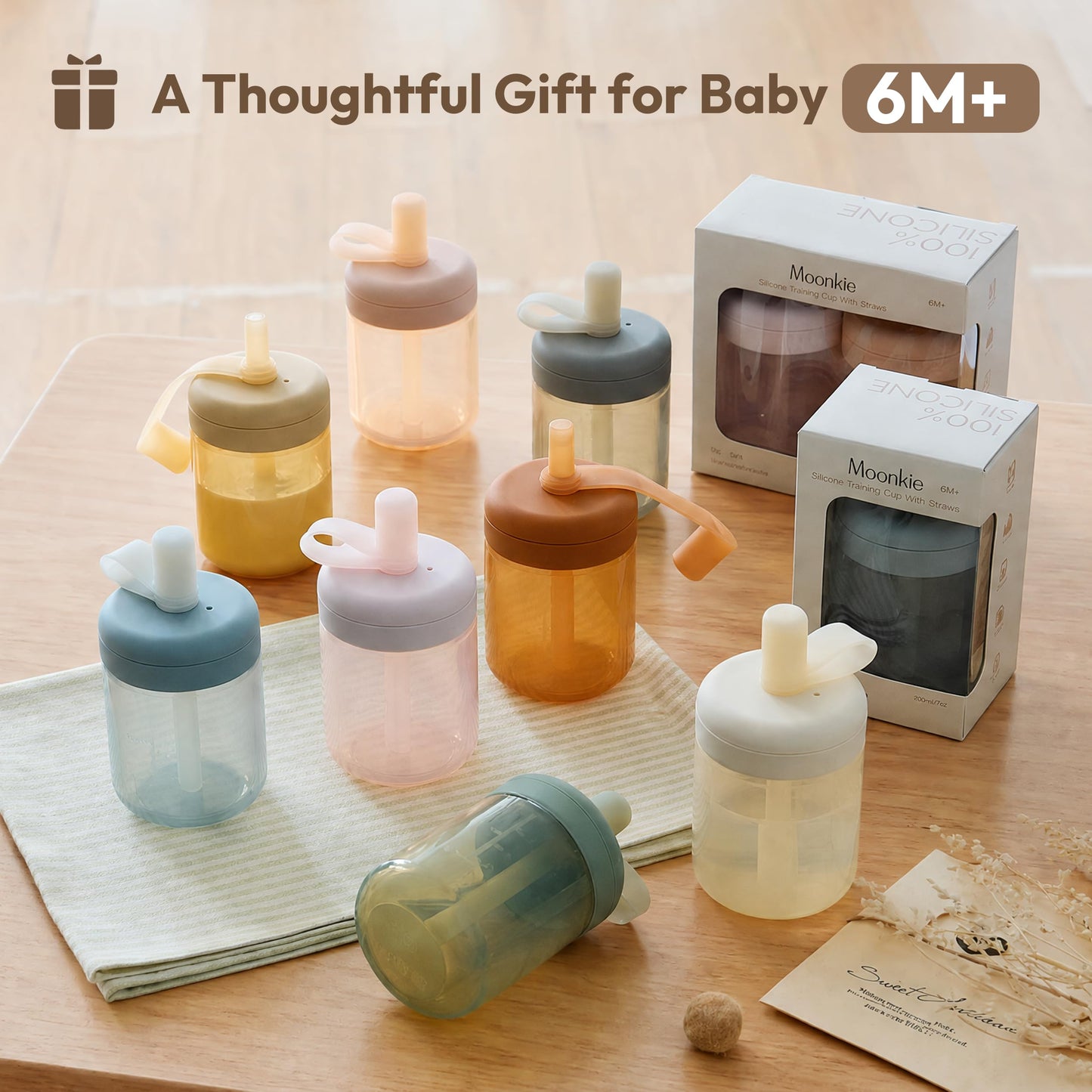 Moonkie Vaso para aprender a beber, botella con pajita, vaso de silicona para bebés y niños, vaso con pajita con tapa, a prueba de fugas, sin BPA, taza para bebés a partir de 6 meses, 5 oz (lila)