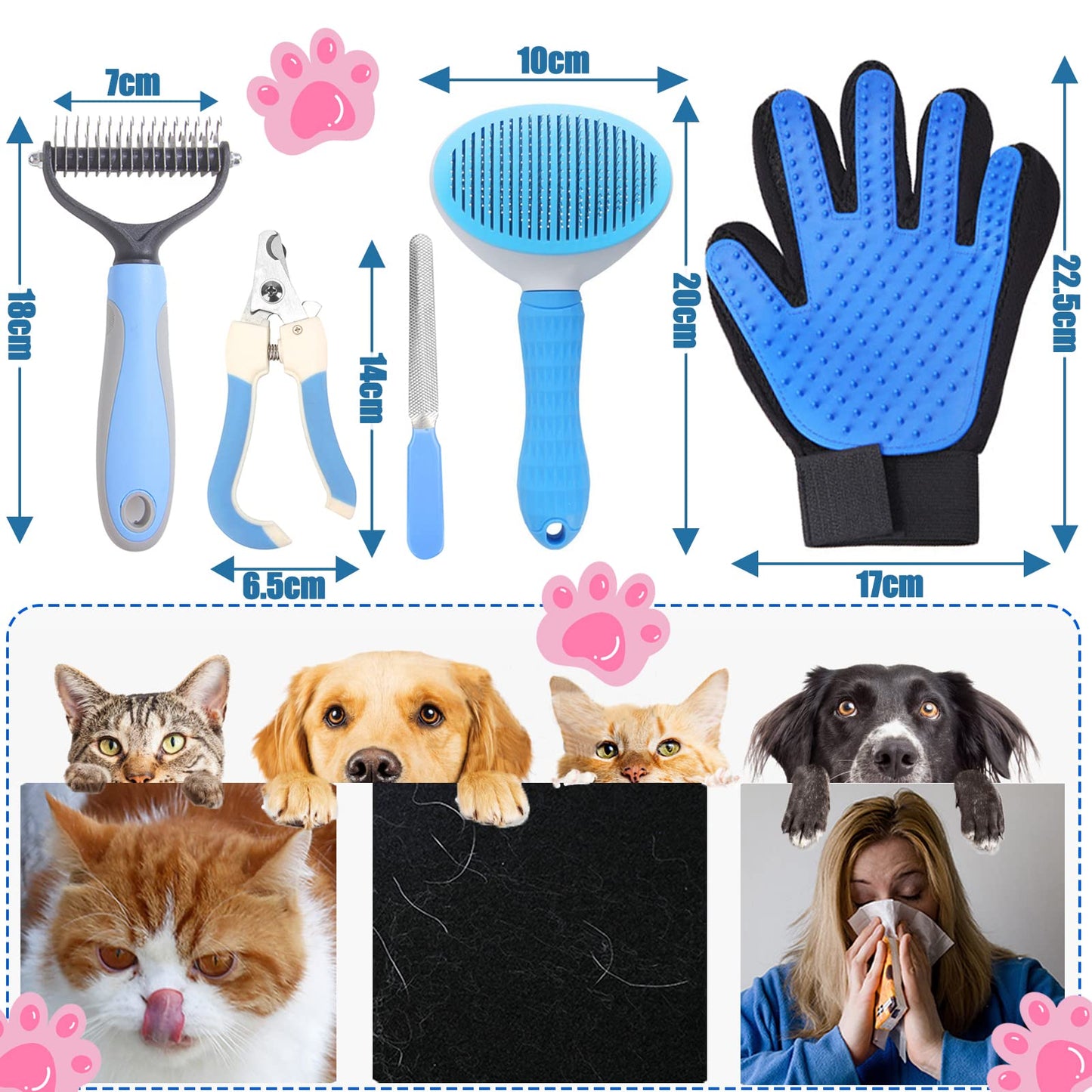 Cepillo para Perros y Gatos, 5 en 1 Herramientas de Aseo para Mascotas, Cepillos para Pelo Largo y Corto, Peine de Limpieza, Cepillo de Desprendimiento, Cortaúñas, Especializado para Depilación Masaje y Peinado, Azul
