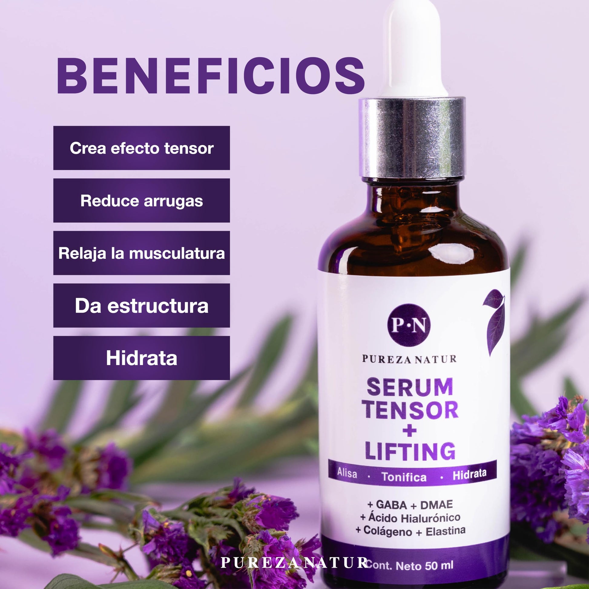 PUREZANATUR Suero facial Efecto Tensor Lifting con Gaba Y DMAE + Acido hialurónico, colágeno y elastina | Serum hidratante que aporta elasticidad 50ml (50ml)