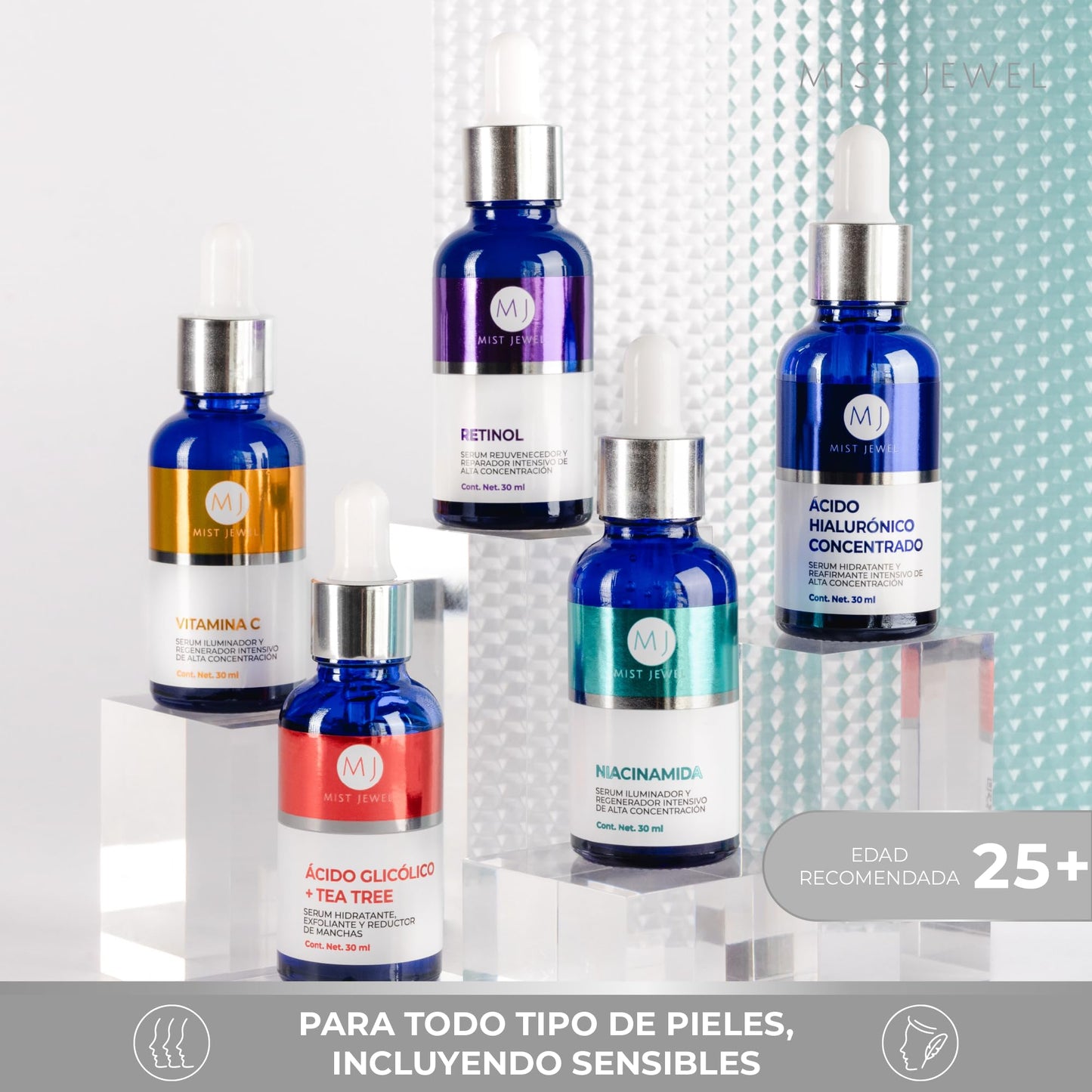 MIST JEWEL Kit sueros faciales Acido Hialurónico, Retinol, Vitamina C + E, Glicólico y Niacinamida | Conjunto de serums Avanzado 5 serum (KIT Facial avanzado)
