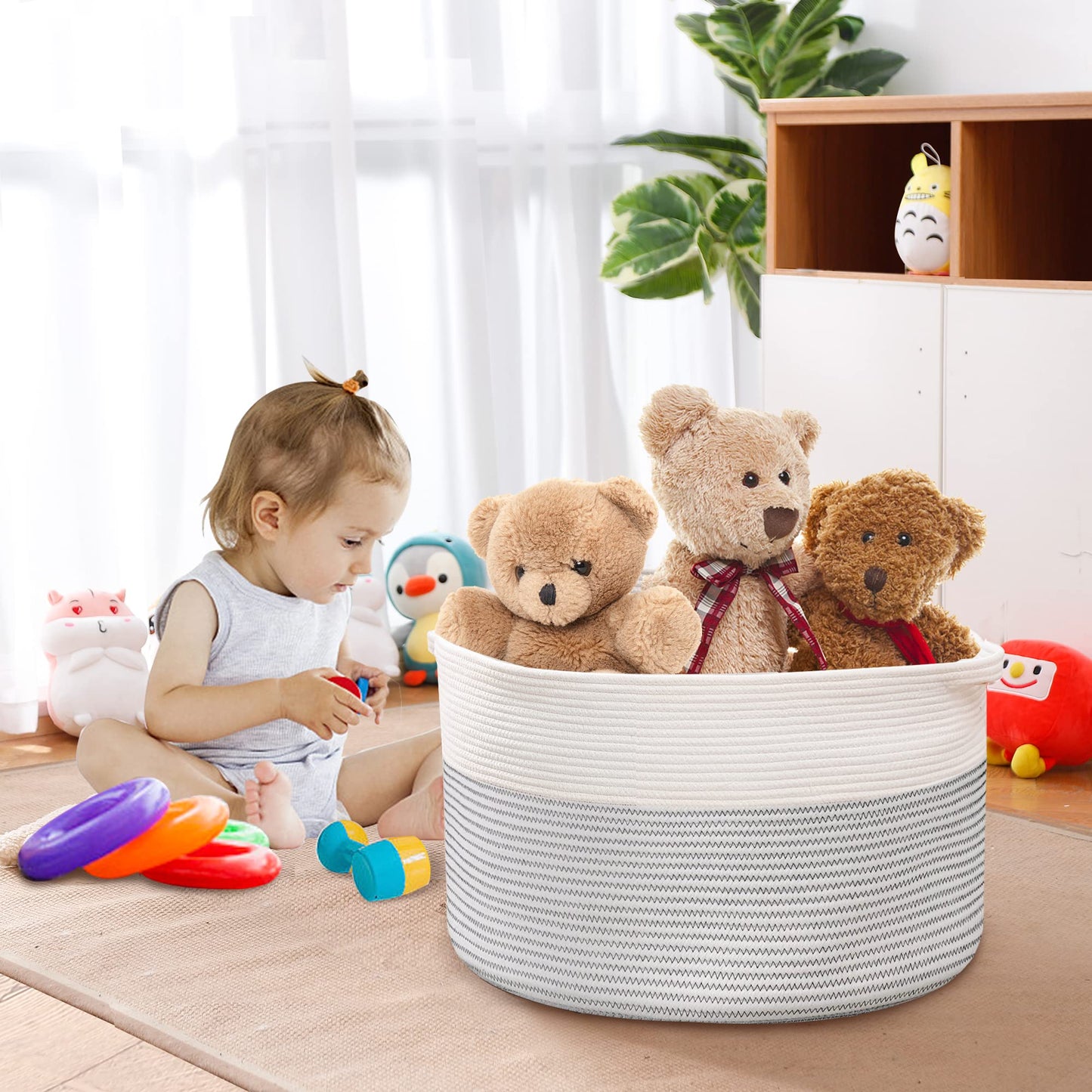 MEGASKET XXXL Cesta grande de cuerda de algodón para mantas para sala de estar, cestas de almacenamiento tejidas para organizar, cestas de juguetes para guardería para niños, organizador de