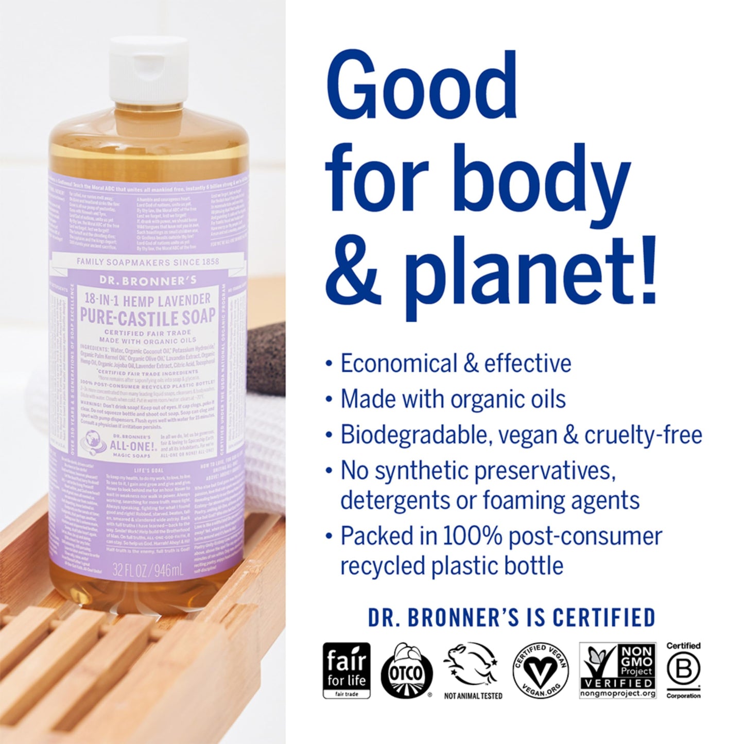 Dr. Bronner's | Jabón de castilla orgánico multiusos, ideal para todo el cuerpo, 100% biodegradable con aceite esencial relajante de Lavanda 3.8 L
