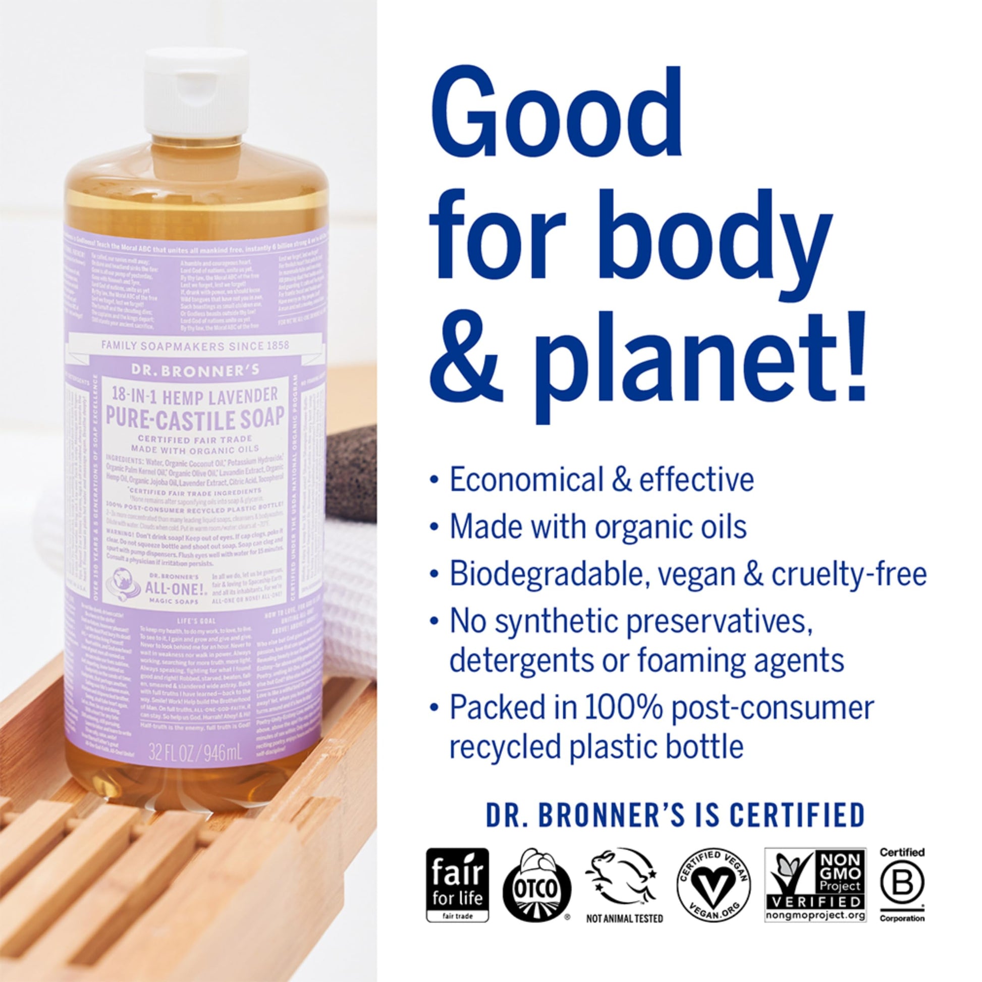 Dr. Bronner's | Jabón de castilla orgánico multiusos, ideal para todo el cuerpo, 100% biodegradable con aceite esencial relajante de Lavanda 3.8 L
