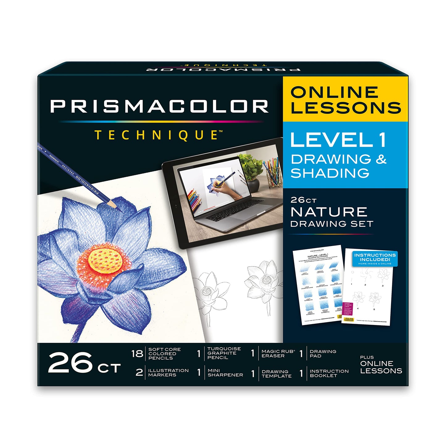 Prismacolor Técnica, suministros de arte y lecciones de arte digital, juego de dibujo natural, nivel 1, aprender a dibujar con lápices de colores, lápices de grafito y más, dibujo de flores, 26