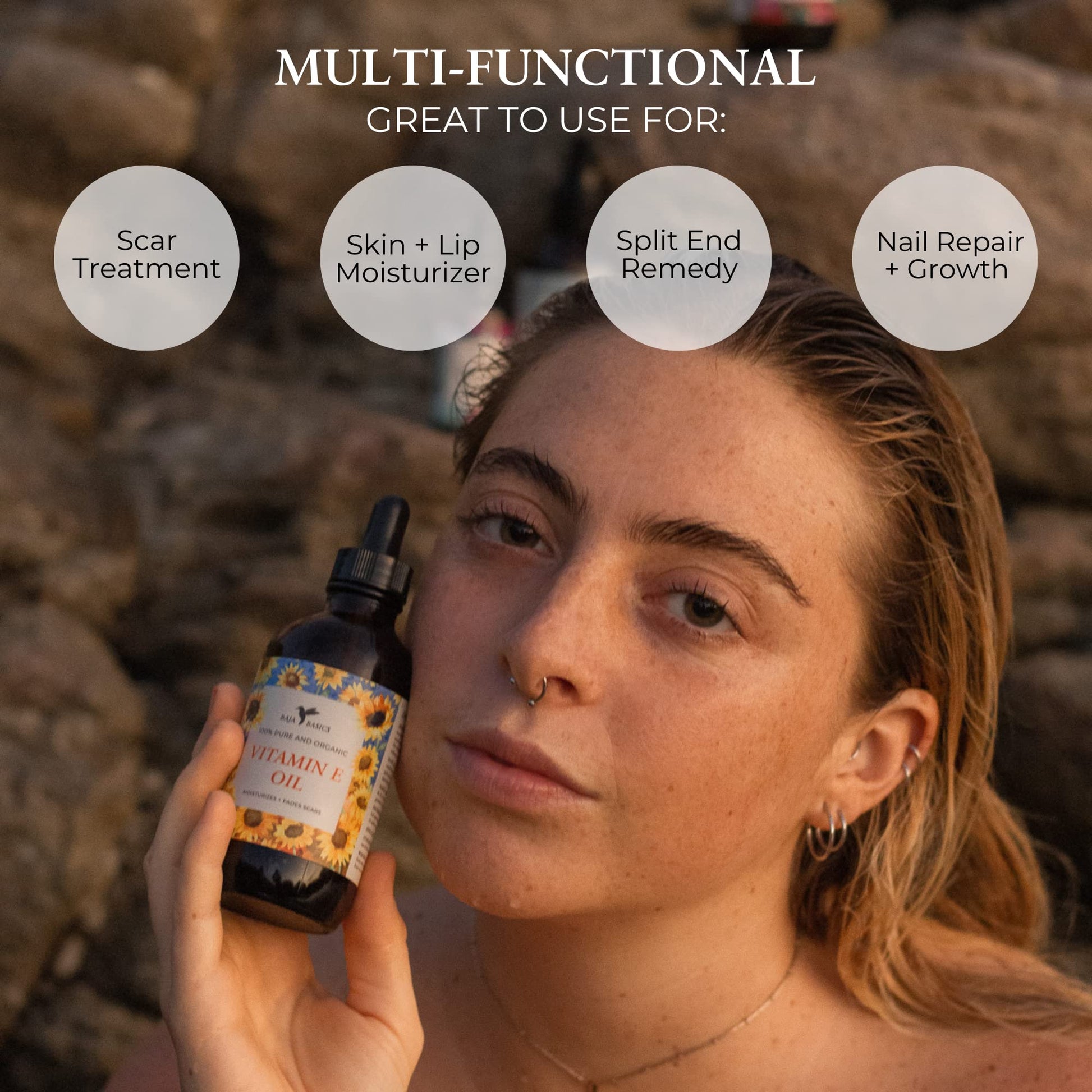 Baja Basics- Aceite de vitamina E pura, humectante para la piel, rostro, cuerpo, uñas y cabello, producto multiusos para el cuidado de la piel