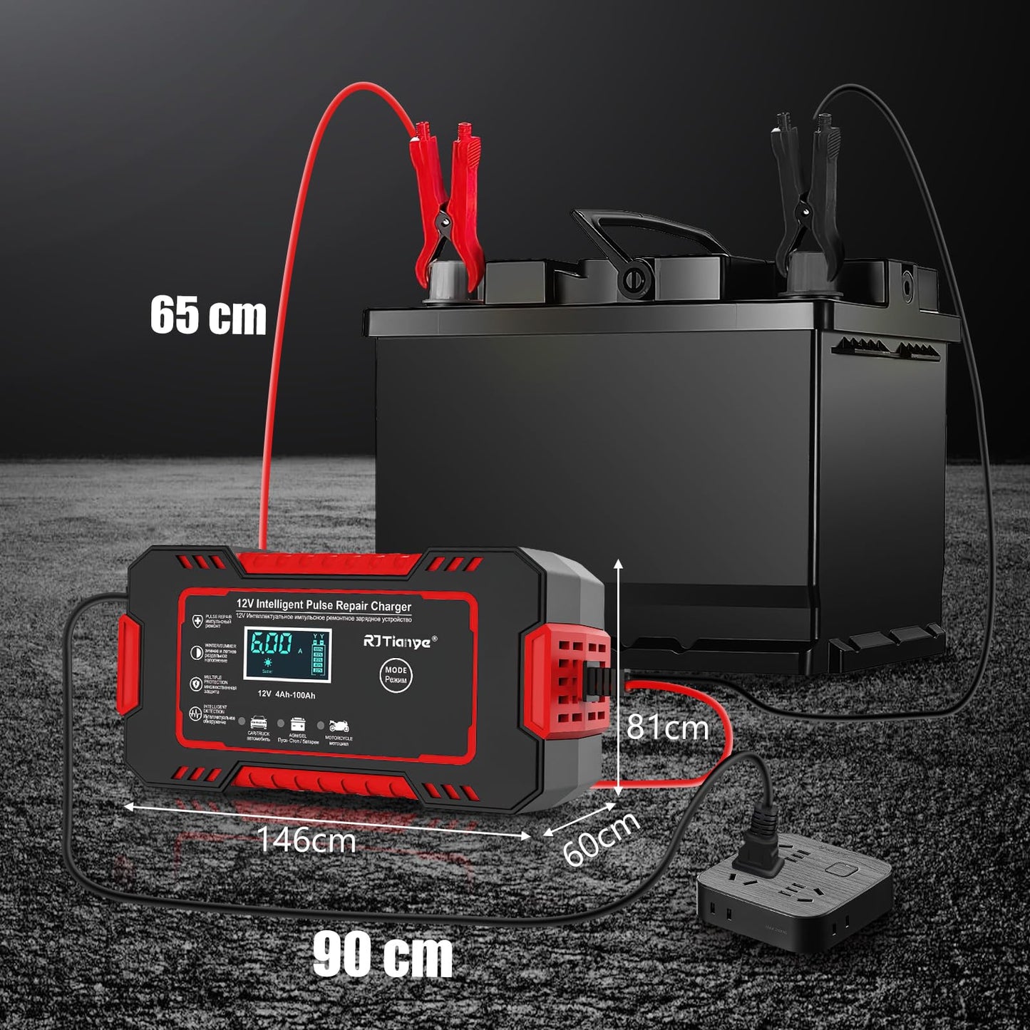 Cargador de Bateria de Auto, con LCD Pantalla 12V 6A , Arrancador de Bateria Ajuste de Corriente Inteligente para Cargar y Proteger, cargar baterías GEL, AGM, WET, Aplica a Auto, Excavadoras