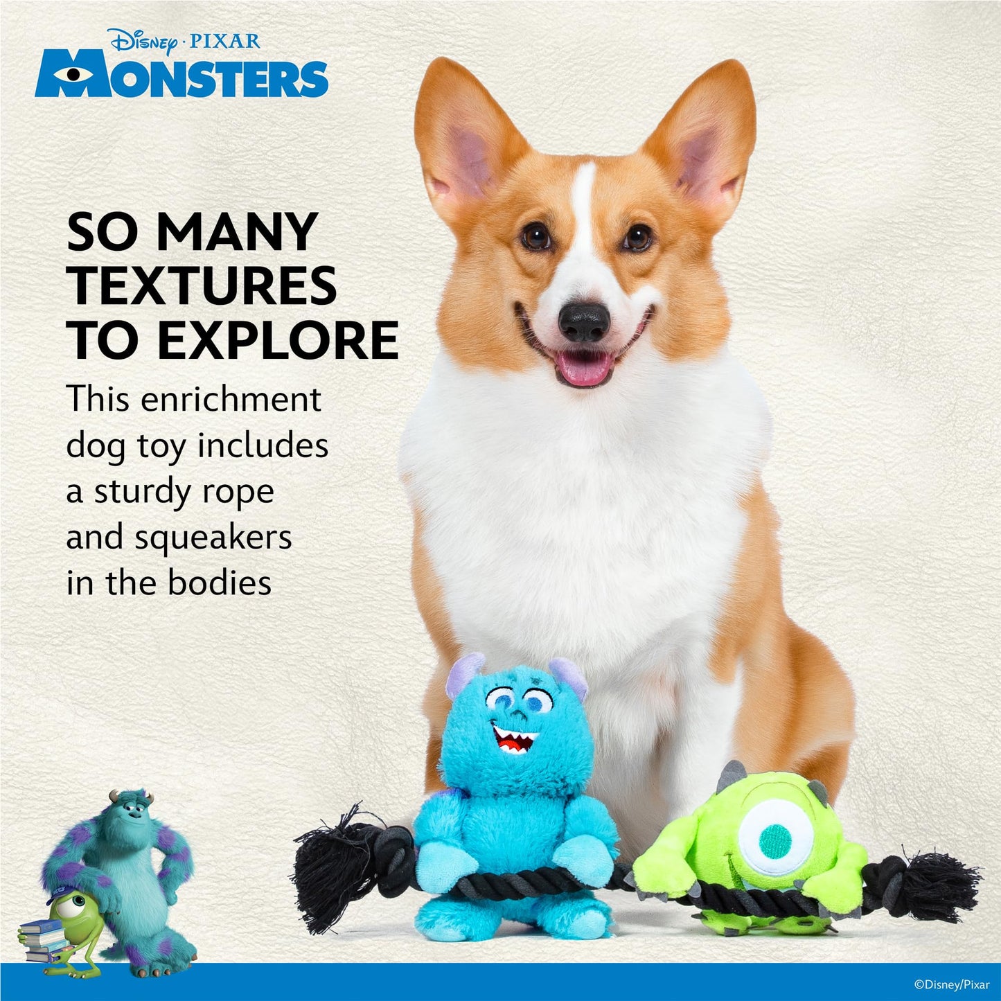 Disney for Pets Pixar's Monsters, Inc. Juguete de Cuerda para Mascotas, 12 Pulgadas, Juguetes para Perros Disney Pixar | Juguete de Cuerda para Perros Inspirado en Mike y Sulley de Pixar's Monsters,