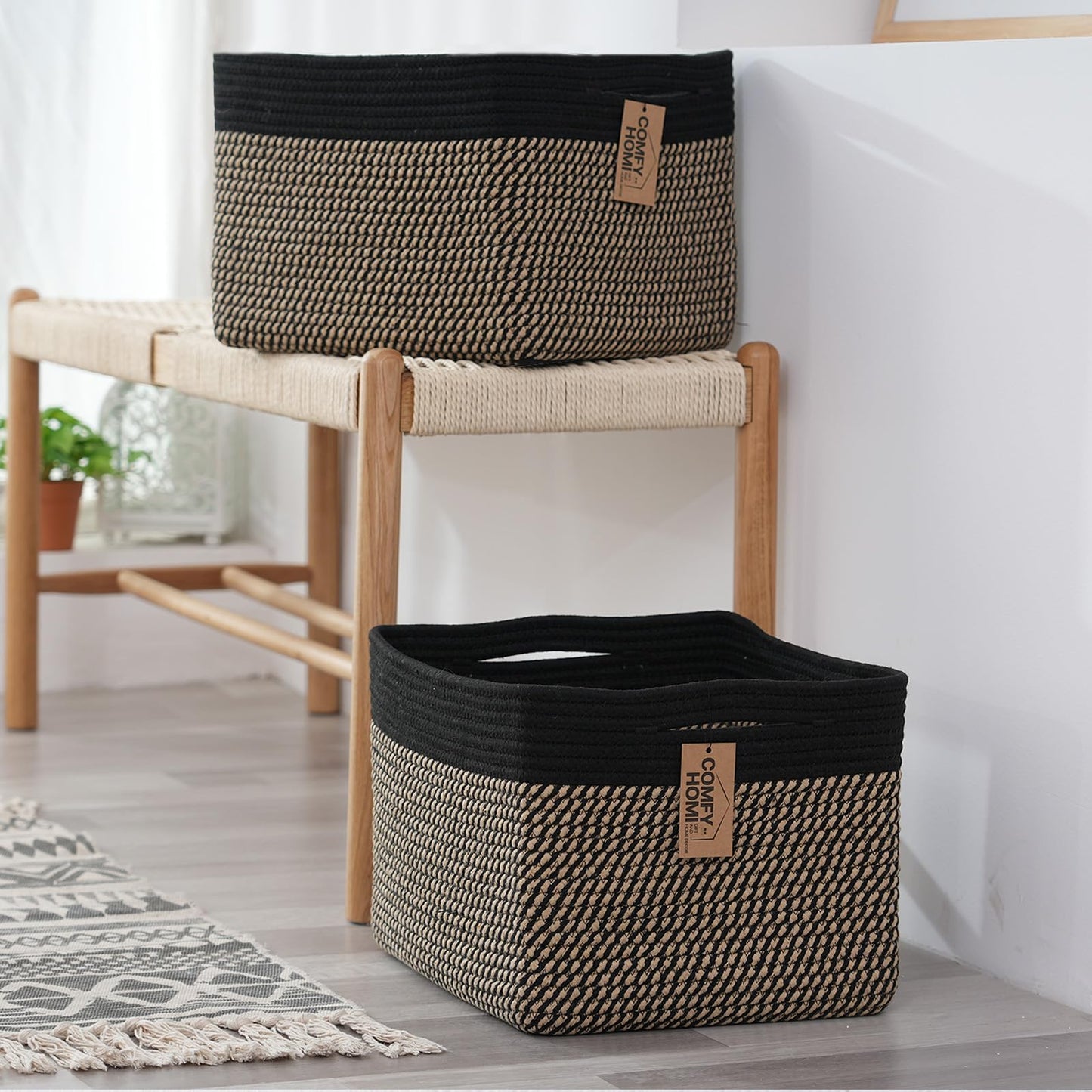 COMFY-HOMI Cesta tejida de cuerda de algodón con asas para estantes, juguetes, libros, cestas de almacenamiento de tela para organizar, organizador decorativo de juguetes de 13.5 x 11 x 9.5 pulgadas,