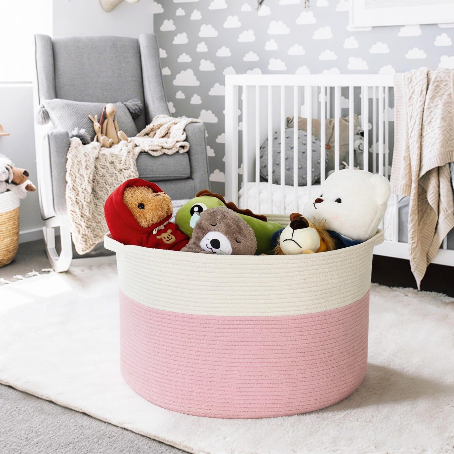 MEGASKET Cestas de almacenamiento rosas para organizar, 22 x 22 x 14 pulgadas, cesta de manta XXXL para sala de estar, cesta de juguetes grande, cestas tejidas de cuerda de algodón rosa suave para almacenamiento, cestas decorativas para guardería