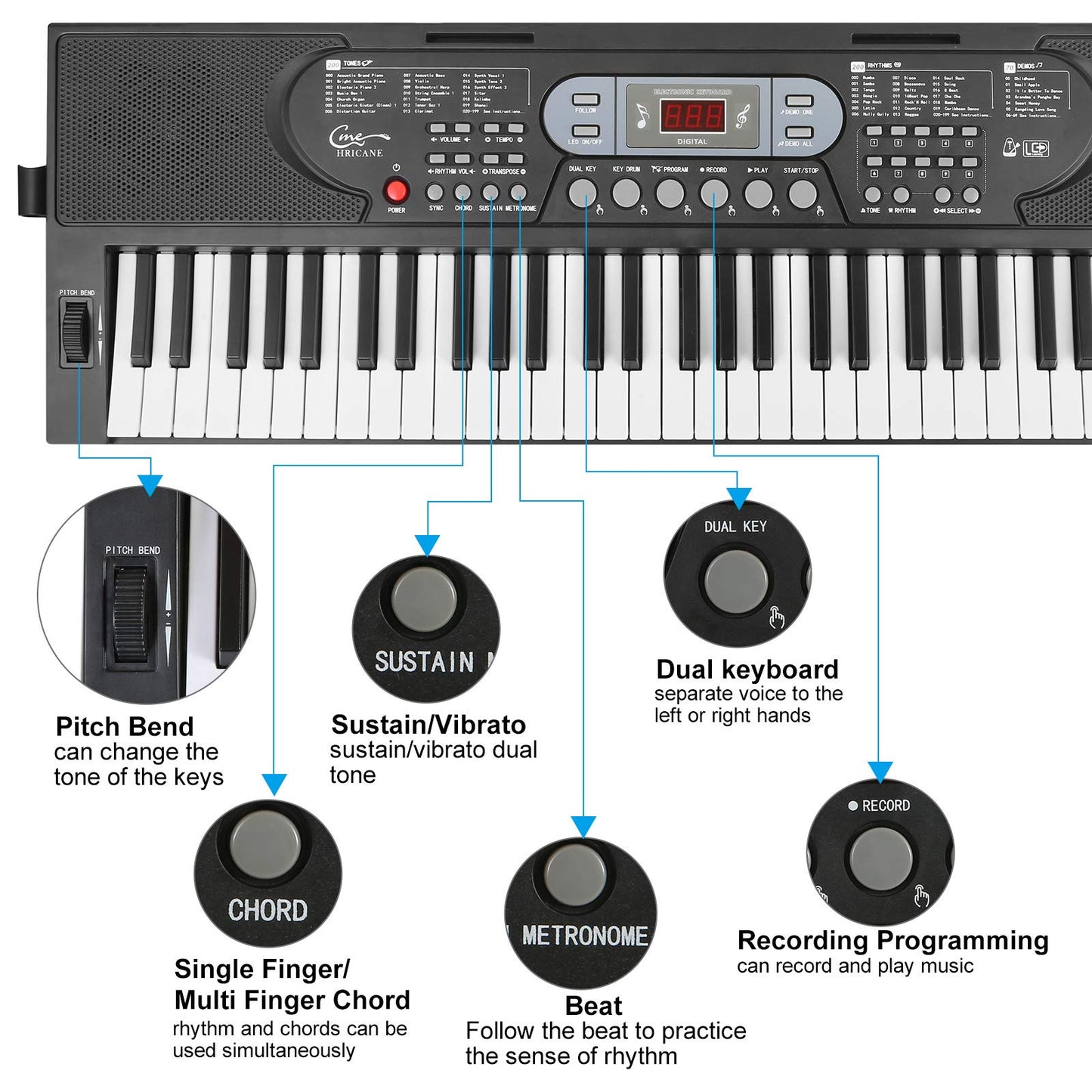Hricane - Teclas iluminadas de piano para principiantes, adultos, adolescentes, niños, teclado de música electrónico de 61 teclas con modos de enseñanza, alimentado por USB o batería con visualización