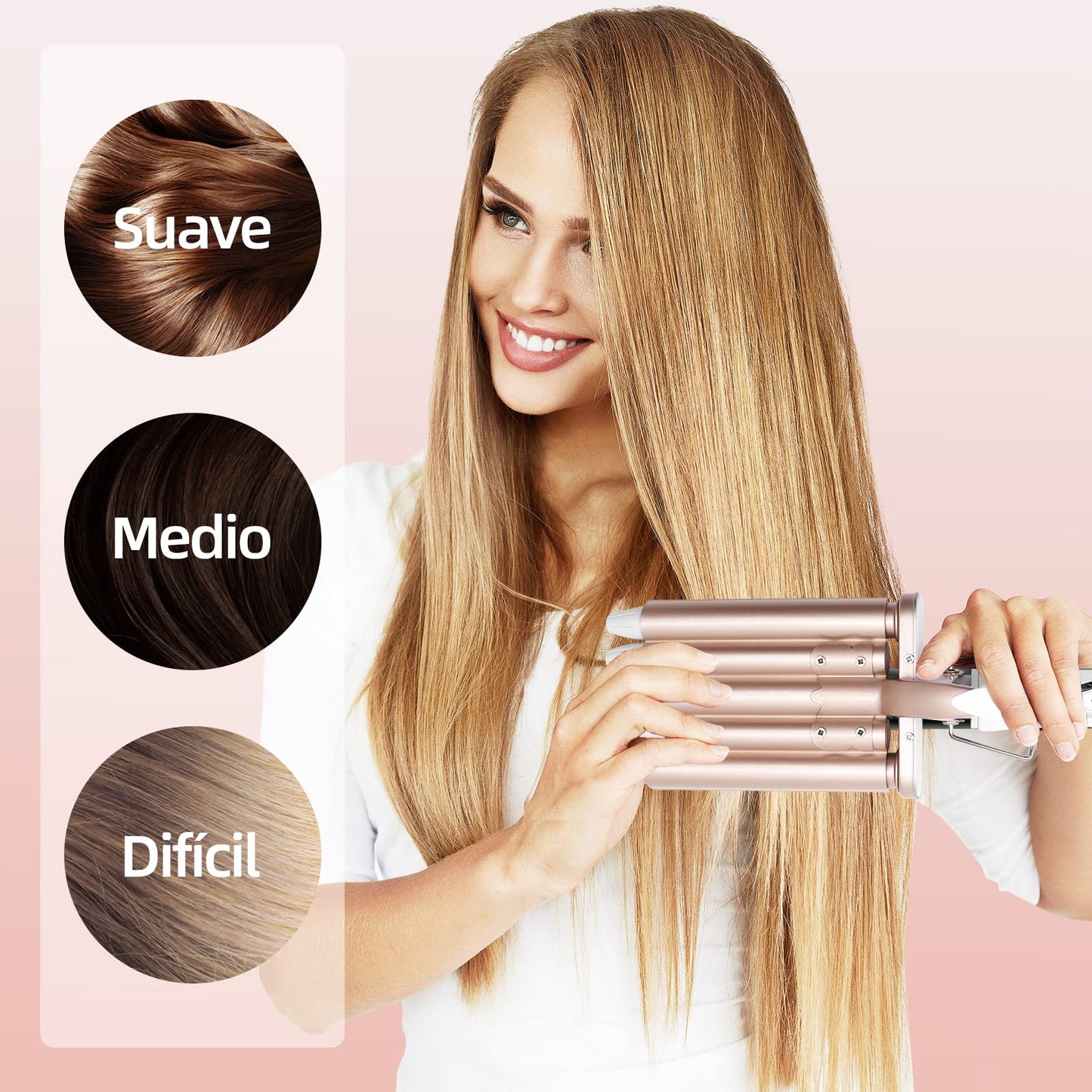 Rizador de Pelo, Ondas Cerámica con Temperatura Ajustable, Cinco Tubo Rizador de Cabello de 22mm, se Calienta Rápidamente para Mujer Cabello Largo/Corto y Viajero Regalo