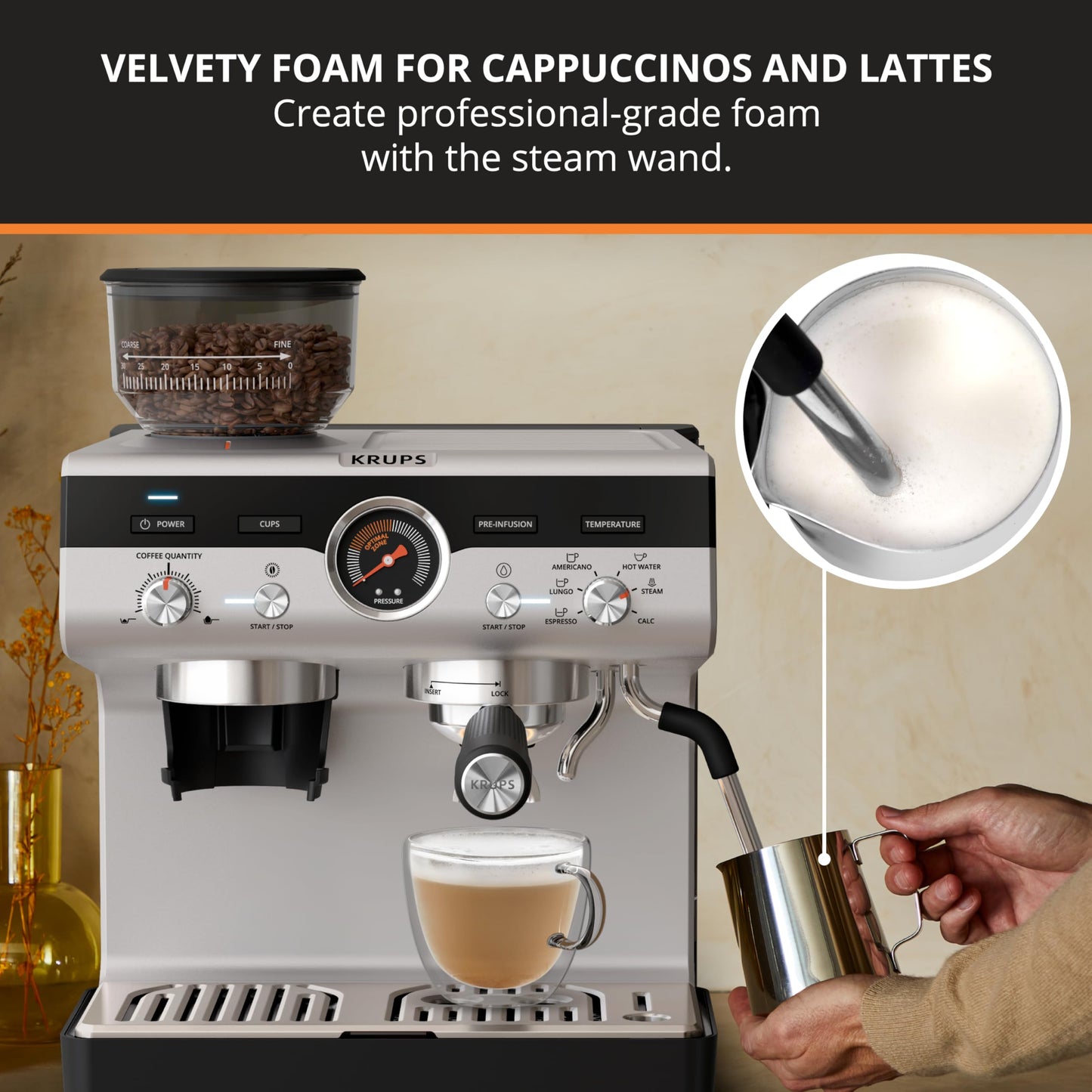 Krups Maquina Espresso con Molino Integrado, 30 Niveles de Molido, 15 Bares de Presión, Varita de Vapor Profesional, Preinfusión y Temperatura Ajustable, XP801TU0
