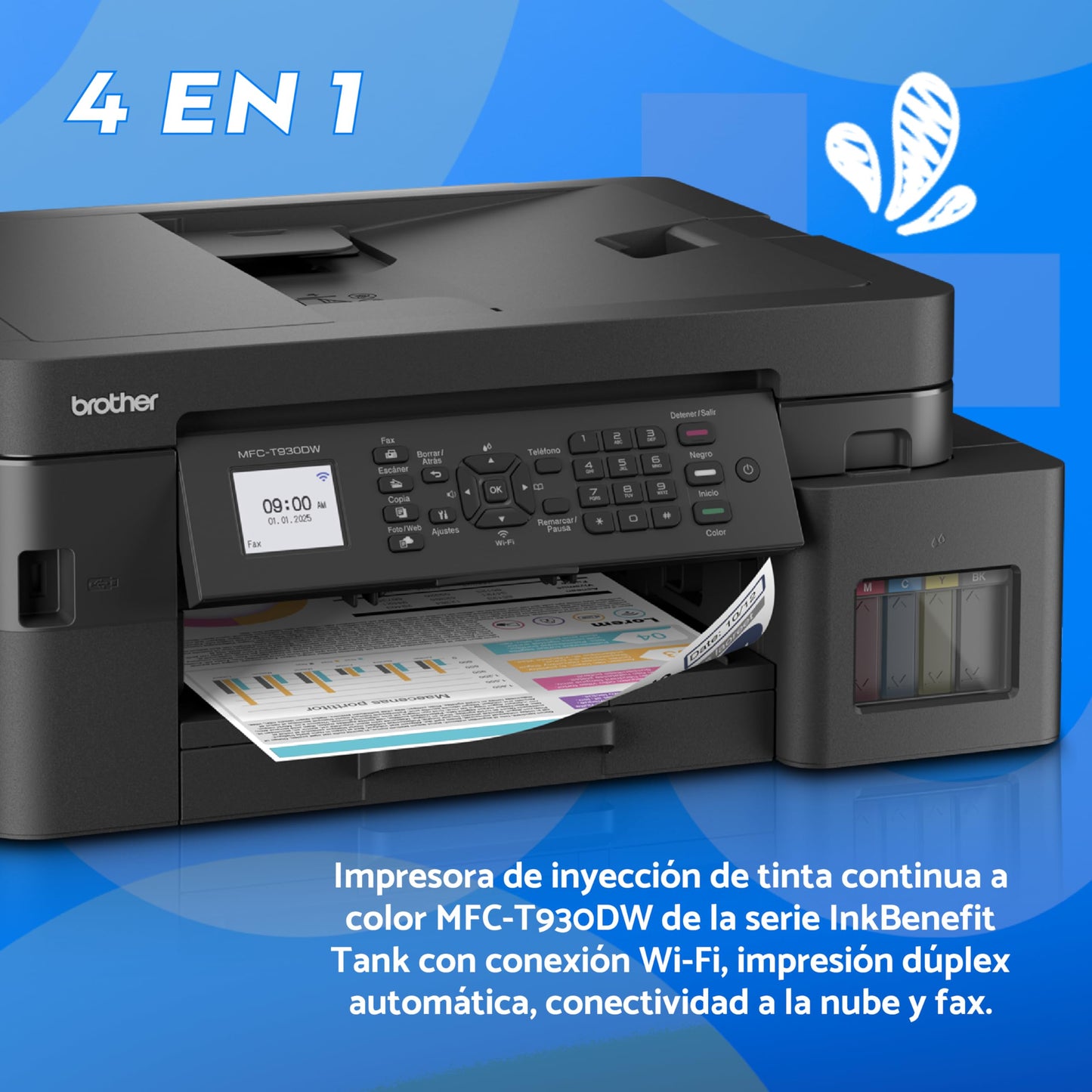 Brother Impresora Multifuncional 4 en 1 Inyección de Tinta Continua a Color MFC-T930DW | Tecnología InkBenefit Tank | Impresión Dúplex,Conectividad Wi-Fi 5GHz, Fax | Impresión en Negro y Color