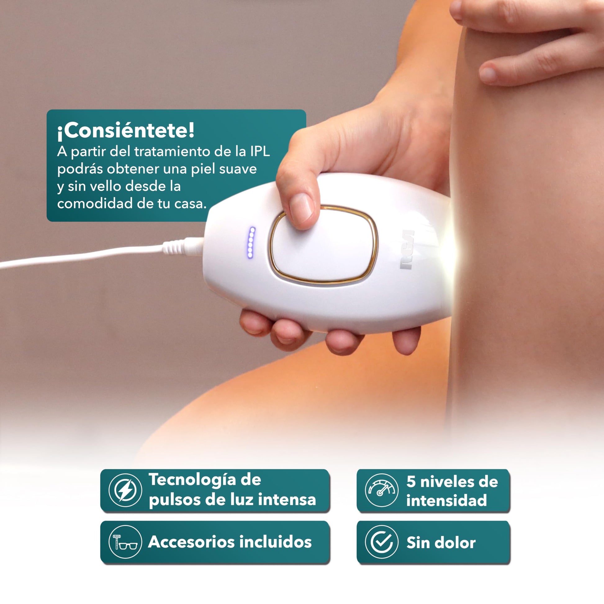 RCA Depiladora Profesional RC-IPL de Luz Pulsada, 300 K Disparos sin dolor, Unisex, Elimina Vello Facial, Corporal, Axilas, Piernas, Bikini Brazos, 5 Niveles, Uso en Casa, Depiladora No Láser