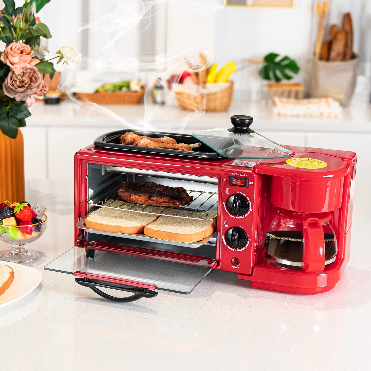 DECAKILA 3 en 1 Estación de Desayuno Horno Tostador Cafetera de 4 Tazas Plancha Todo en Uno con Temporizador de 30 Minutos Rojo KUEV003R