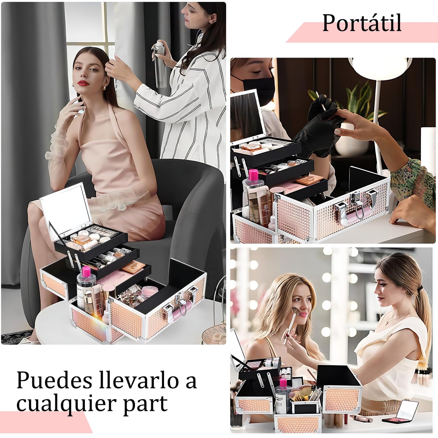 SIJEW Estuche de Tren de Maquillaje, Caja de Viaje Para Cosméticos, Caja Organizadora de Maquillaje con Espejo, 3 Bandejas, Oro Rosa, Organizador de Joyas Con Cerradura Portátil (Rosa)