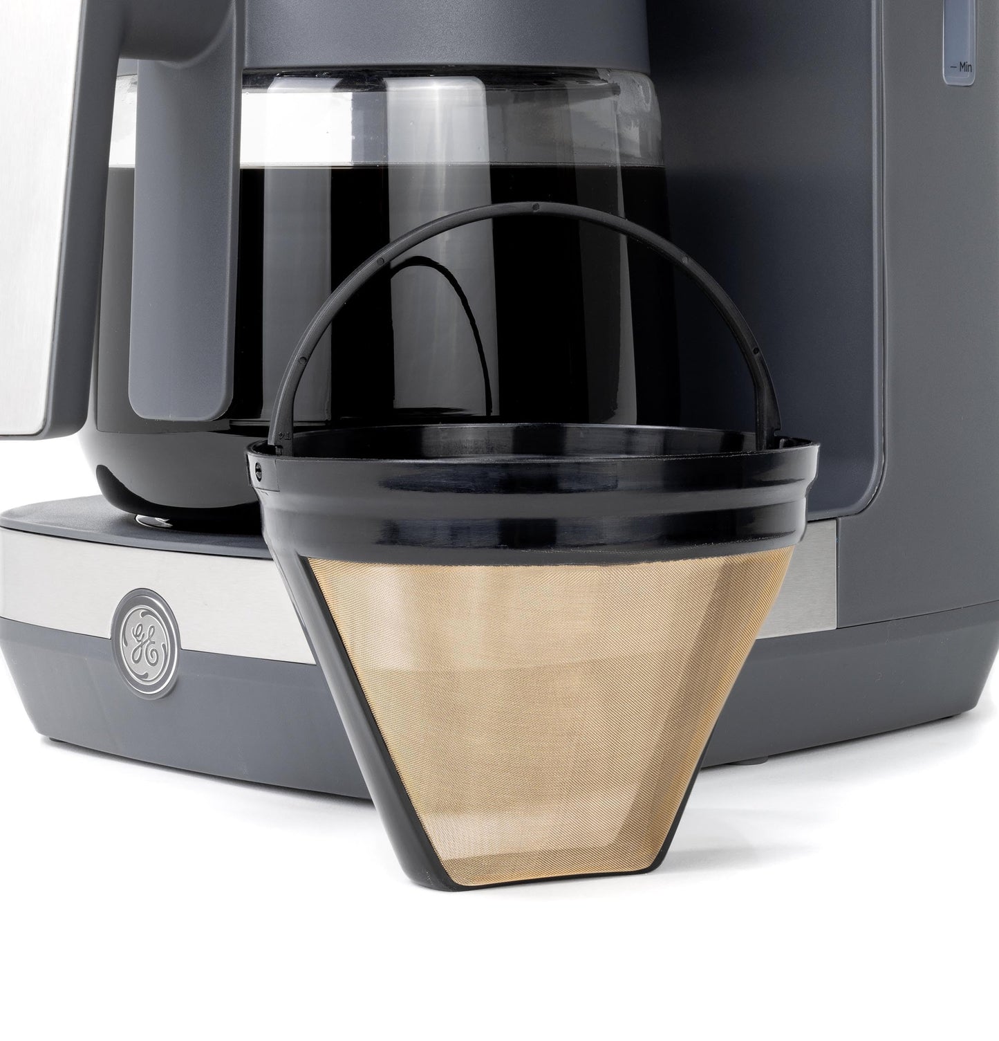 GE - Cafetera de goteo con temporizador, jarra de vidrio de 12 tazas con placa ajustable para mantener el calor, cabezal de ducha ancho para un máximo sabor, esenciales para la cocina, acero inoxidable