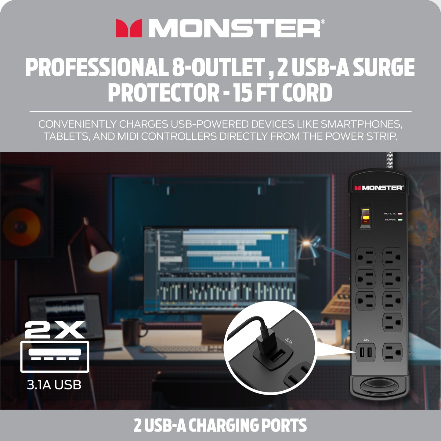 Tira de Alimentación Monster Pro MI Negra con Protección contra Sobretensiones Ignífuga para Equipos de Audio Profesional