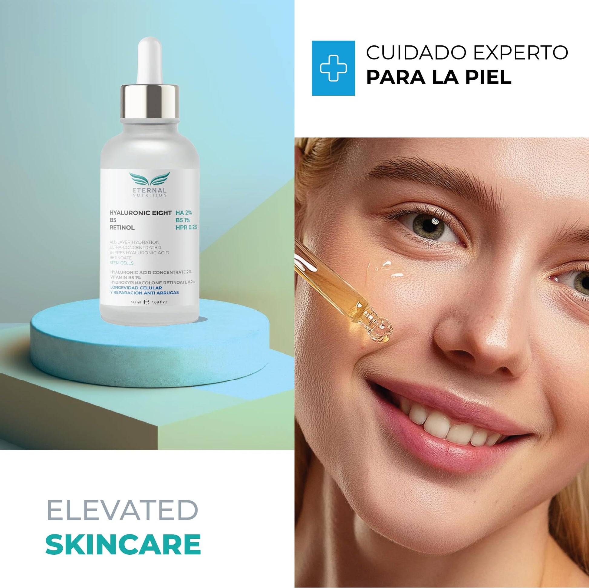 Serum HYALURONIC EIGHT 2%, Vitamin B5 1%, Retinol 0.2%. 50 ml. Suero Ultra Hidratante Antiarrugas | Ingredientes Naturales | Skin Care | Piel Sana y Joven Uniforme | Textura Ligera | Para Todo Tipo de Piel by ETERNAL NUTRITION
