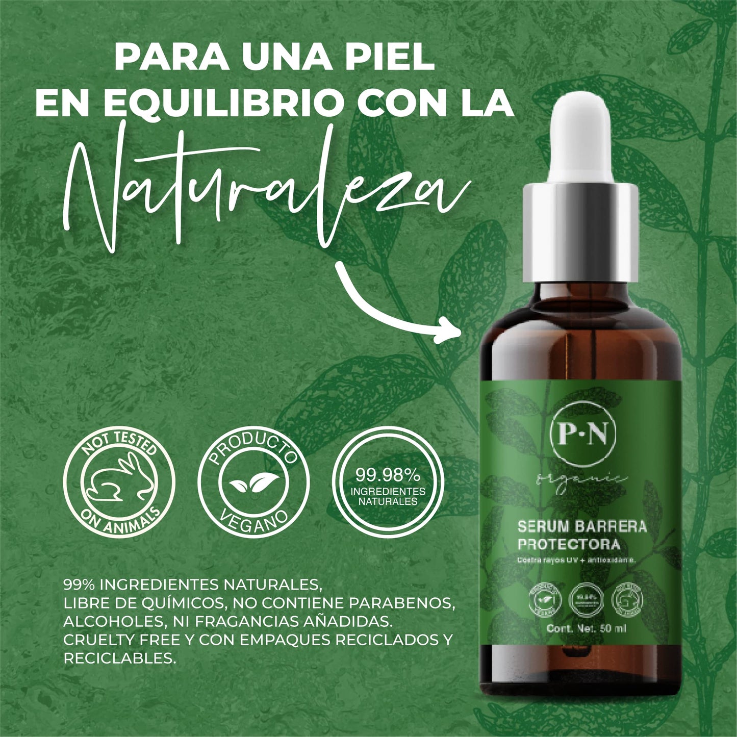 Serum facial PROTECCIÓN Organic | Suero facial con ingredientes 100% naturales, orgánico y vegano con Flor de Cempasuchil, Salvado de arroz, Probióticos, Granada para la piel. Protege contra rayos UV y la contaminación 50ml