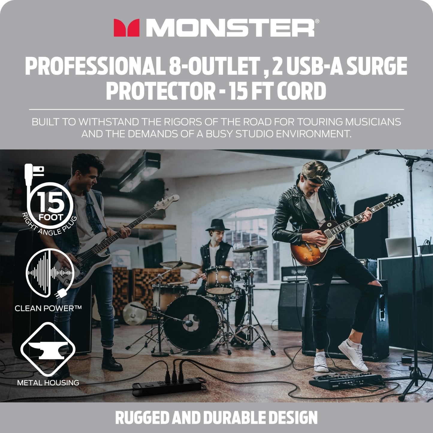 Tira de Alimentación Monster Pro MI Negra con Protección contra Sobretensiones Ignífuga para Equipos de Audio Profesional