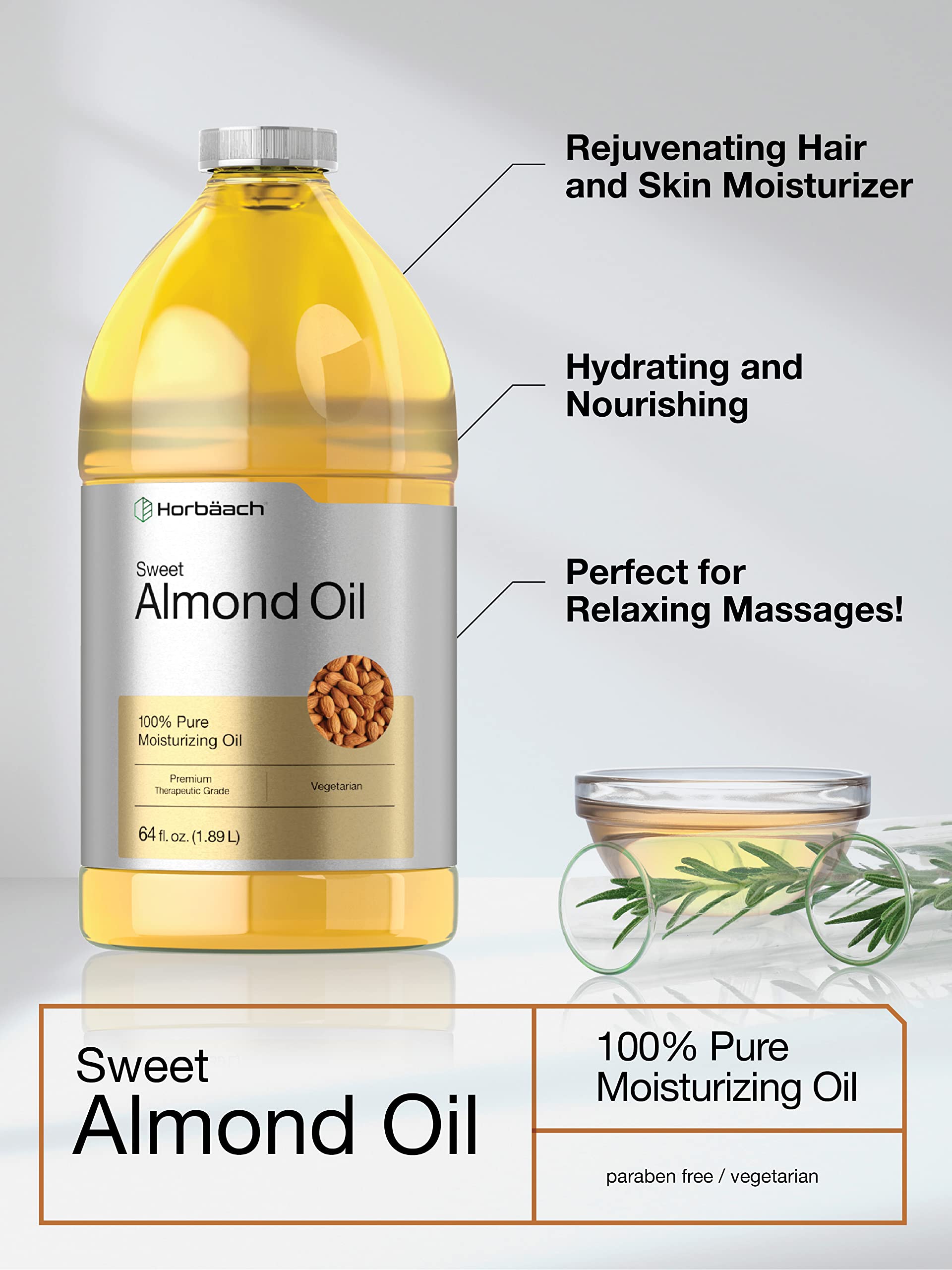 Aceite de Almendra Dulce Horbaach 64 fl oz Puro para Cabello, Rostro y Piel Expeller Pressed Vegetariano Non-GMO