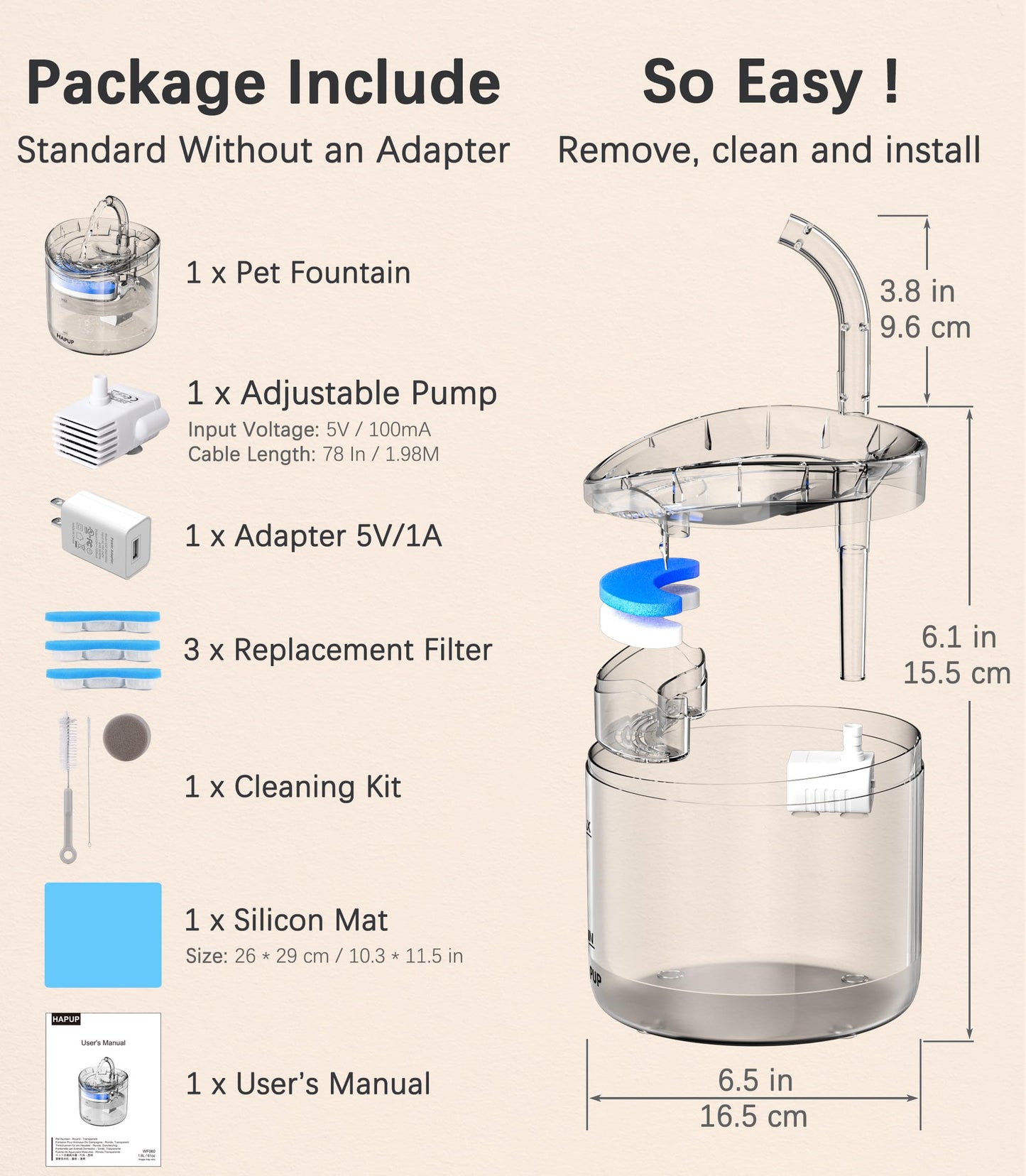 Fuente de agua para gatos, dispensador de agua para perros, de 1.8 litros, fuente automática de agua potable para mascotas, con tres filtros de repuesto, una bomba inteligente, un paquete de cepillo de limpieza, una alfombrilla de silicona para alimentos,