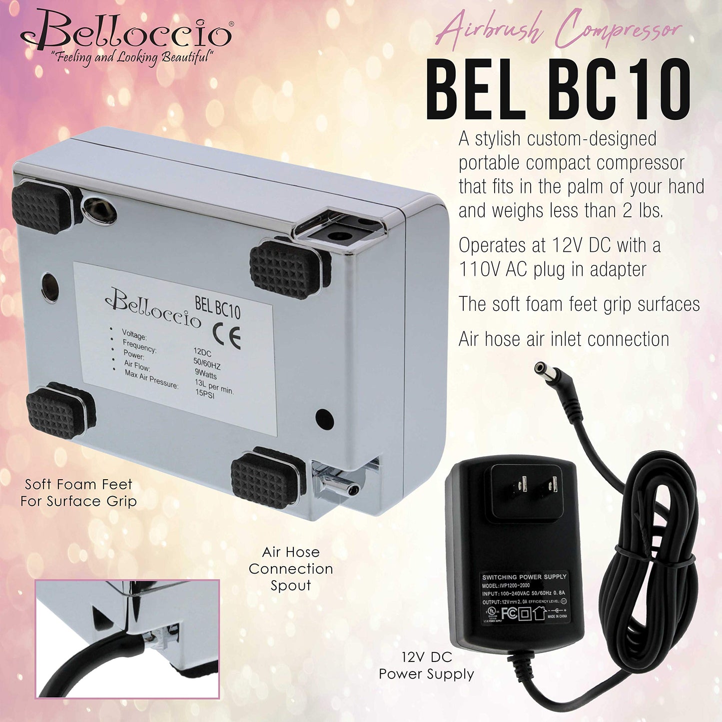 Super Quiet Mini Airbrush Compressor 3 Airflow Control Settings, 6' Push on Rubber Airbrush Hose, Operates at 12V DC with a 110V AC plug in Adapter by Belloccio