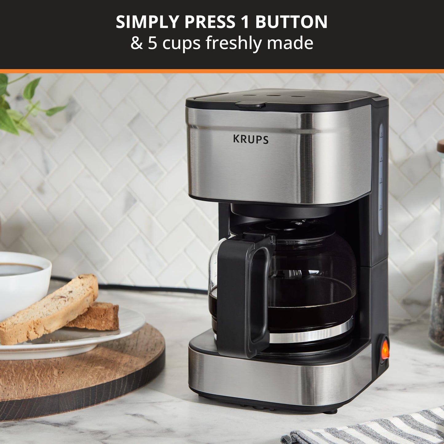 KRUPS Simply Brew - Cafetera compacta de 5 tazas: diseño de acero inoxidable, pausa y prepara, mantiene caliente, filtro reutilizable, jarra sin goteo
