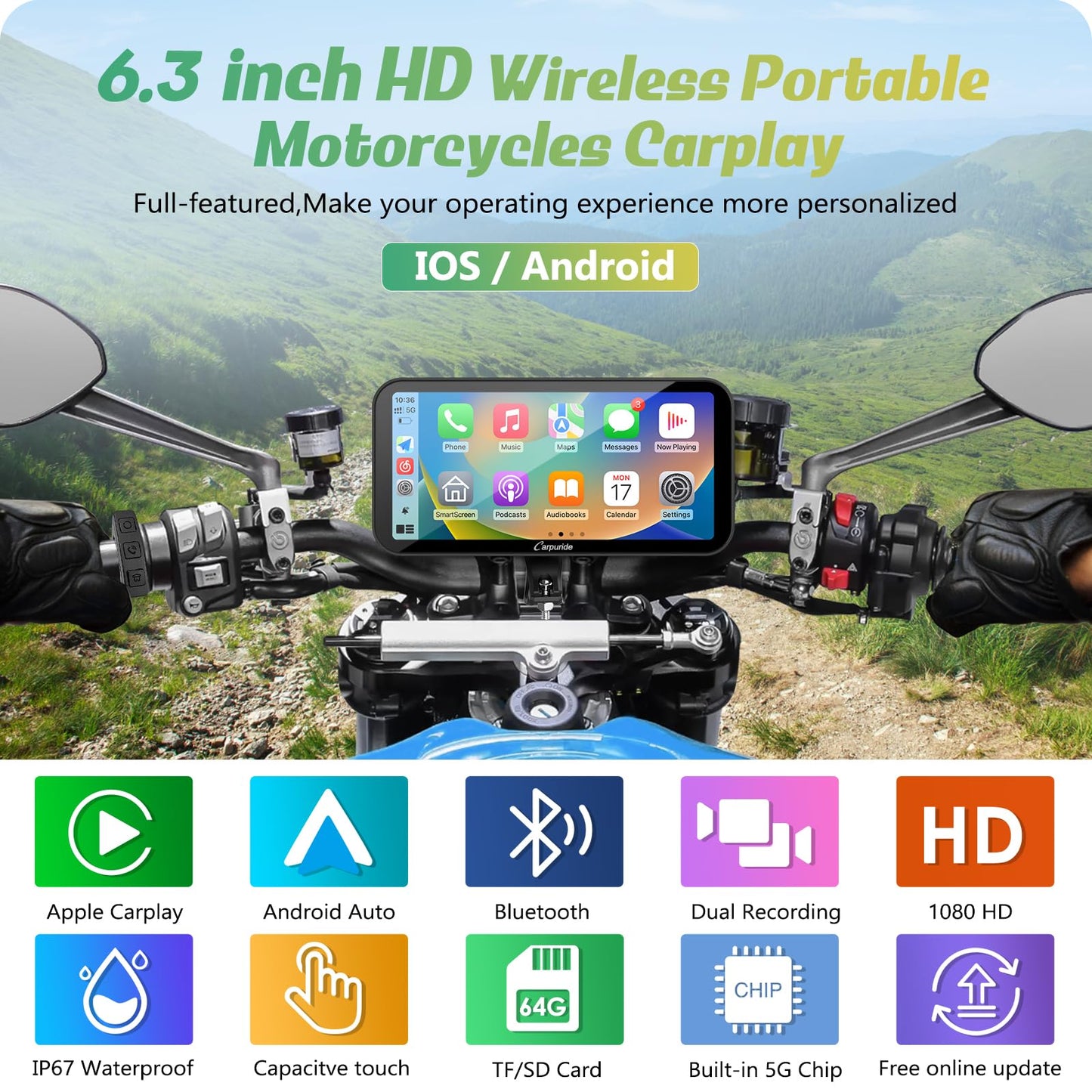 Carpuride W603D - visualización GPS Carplay para motocicleta, inalámbrica CarPlay y Android Auto para Moto, con cámaras duales HD 1080P, control remoto, visualización táctil impermeable de 6.3