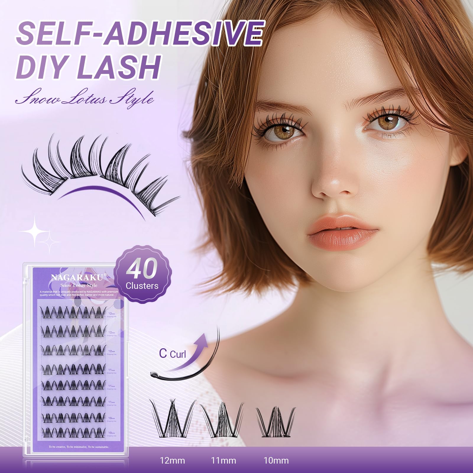 NAGARAKU Grupos De Pestañas Autoadhesivos Para 40 Pcs No Necesita Pegamento Ni Removedor Presión En Un Solo Paso Pestañas Reutilizables Prepegadas En Casa Loto de Nieve (SA-13,0.07 C Curl 10-12mm)