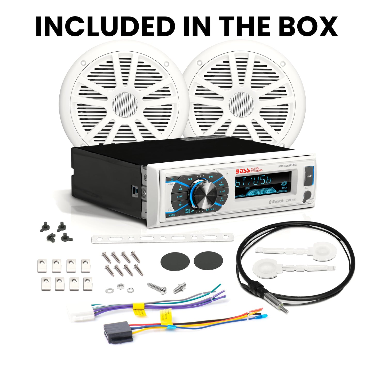 BOSS Audio Systems MCK632WB.6 - Receptor y altavoz marino resistente a la intemperie - Bluetooth Audio, USB, MP3, AM FM, entrada auxiliar, sin reproductor de CD, altavoces de 6,5 pulgadas resistentes a la intemperie, antena dipolo marino