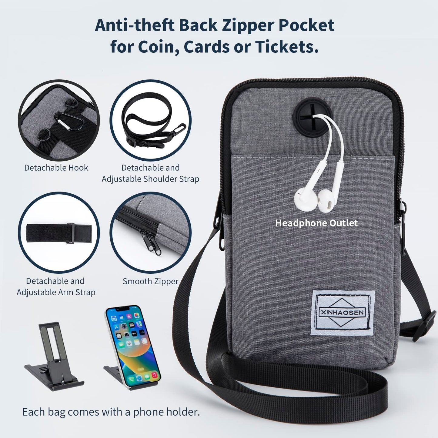 HOTEMIA - Bolso bandolera para teléfono celular, bolsa de viaje con correa de hombro extraíble, Negro -, Una talla, Deportes