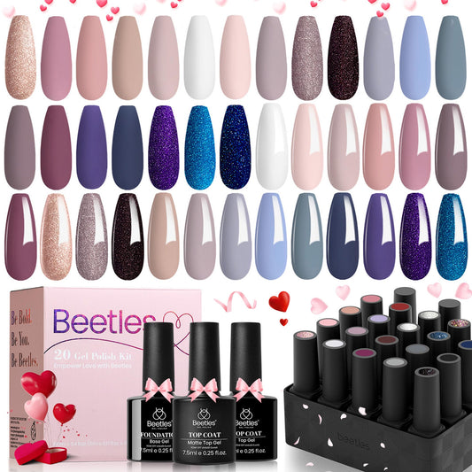 Beetles Kit de esmalte de uñas de gel de 23 piezas con capa superior mate brillante y capa base Colección nocturna para niñas Juego de esmalte de uñas de gel con purpurina gris desnudo blanco UV Soak Off Manicura navideña para mujeres y niñas