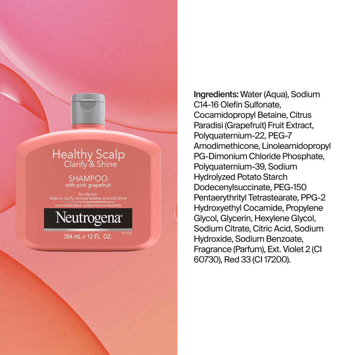 Neutrogena Champú exfoliante saludable para el cuero cabelludo clarify & Shine para cabello graso y cuero cabelludo, champú antiresiduos con pomelo rosa, equilibrio de pH, sin parabenos y ftalatos, seguro de color, 12 onzas