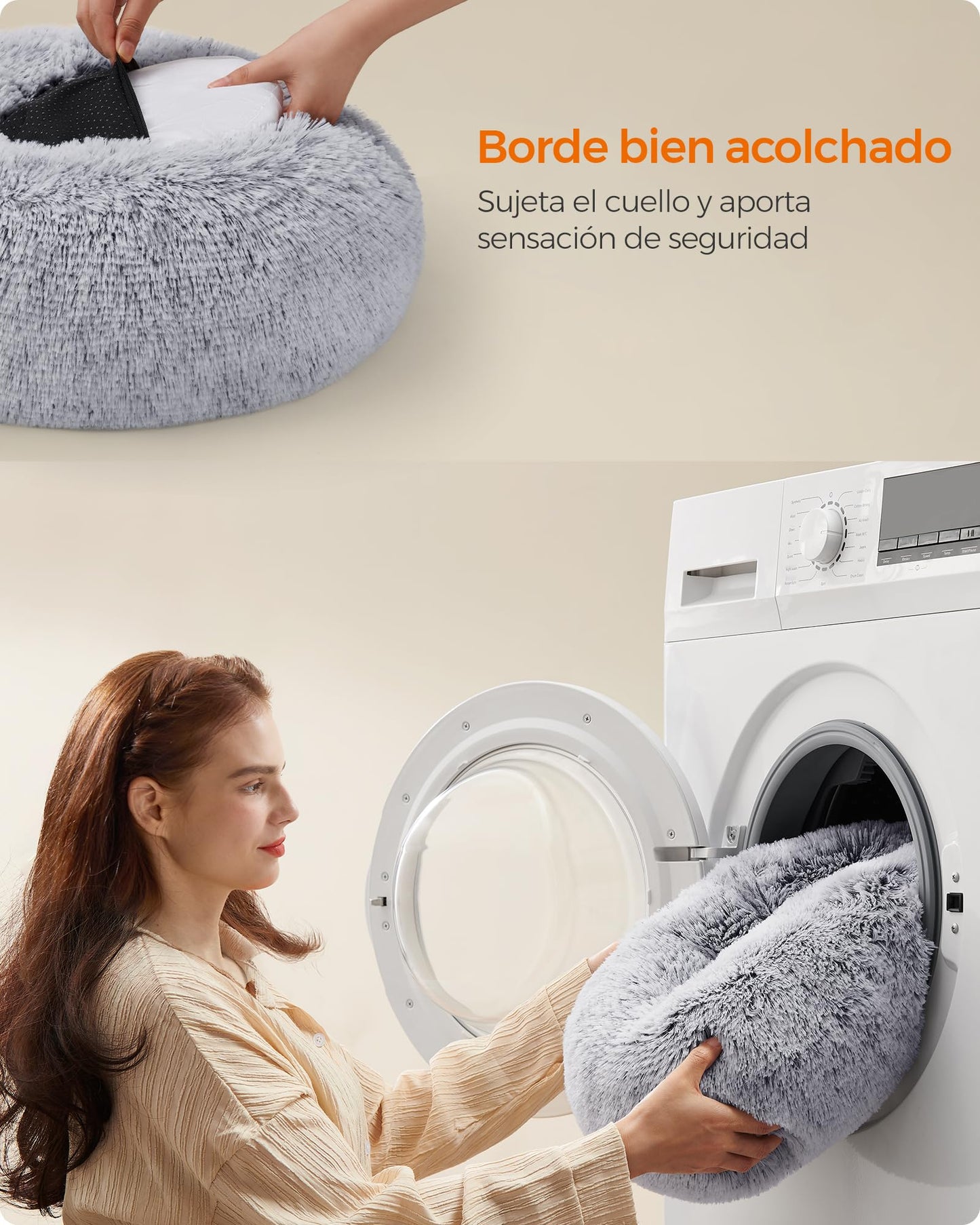 Feandrea Cama de Perros, Cama para Mascotas, Diámetro de 40 cm, Cojín Central Extraíble y Lavable, Alfombra de Felpa, Gris Ombré MPGW036G01