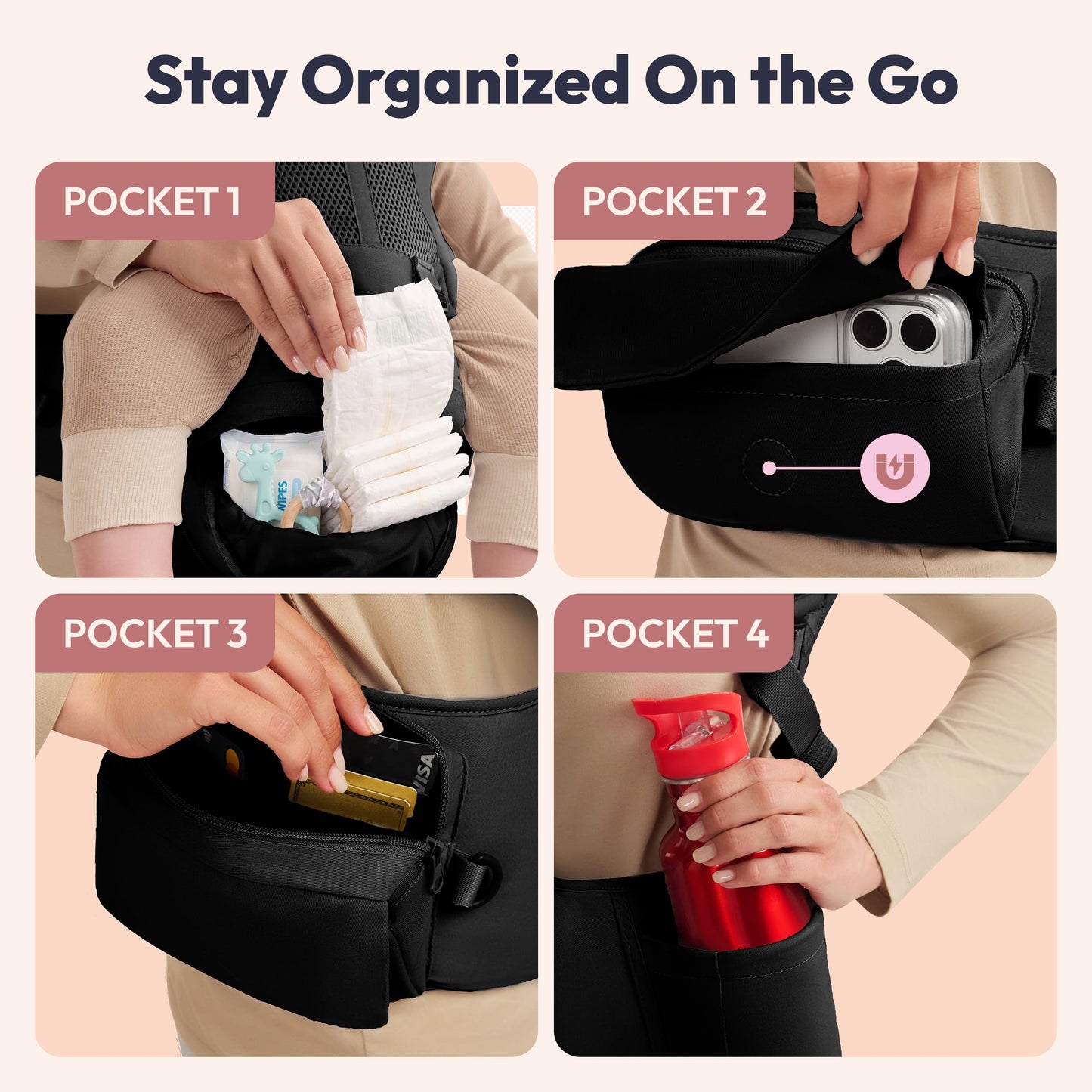 BabbleRoo Grow Plus Portabebés – Portabebés de algodón orgánico certificado de seguridad con asiento de cadera desmontable, amplio almacenamiento, hebilla magnética, bolsa de almacenamiento, comodidad