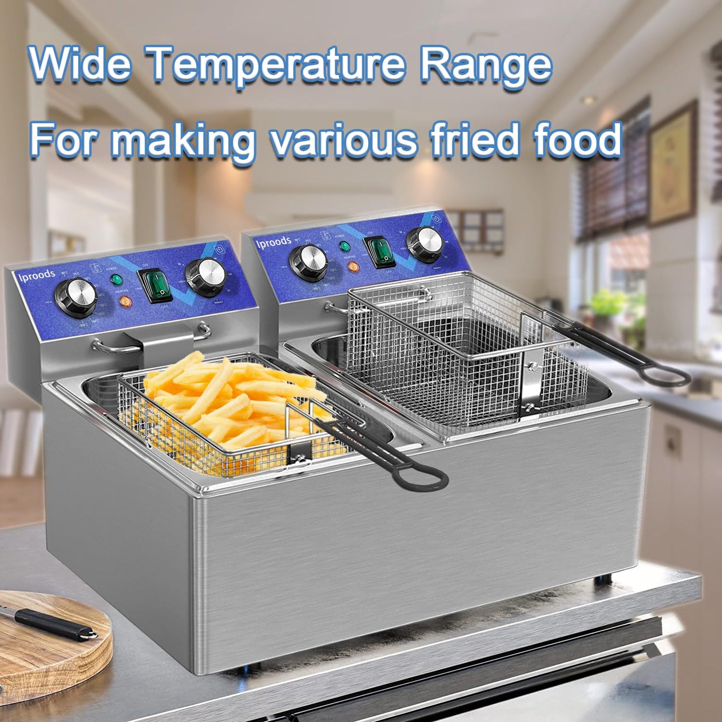 Iproods Freidora eléctrica con cesta y tapa, máquina de freír de acero inoxidable para cocina comercial y doméstica, con temperatura y tiempo ajustable, 110 V (10.5 QT*2)