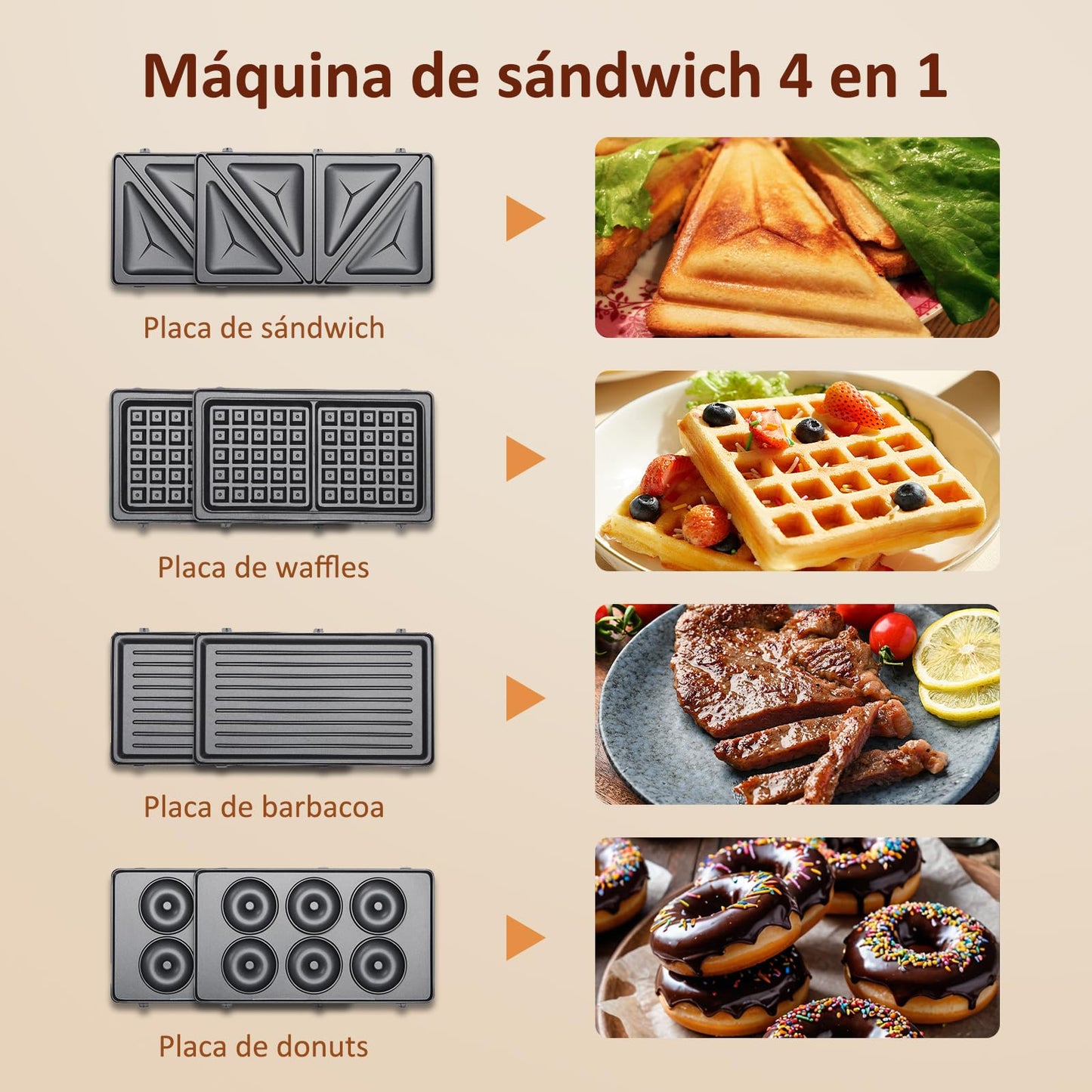 Aigostar Sandwichera Electrica 4 en 1, prensa de panini de doble cara, Recubrimiento Antiadherente, Con luz indicadora y fácil de limpiar, Termostato.