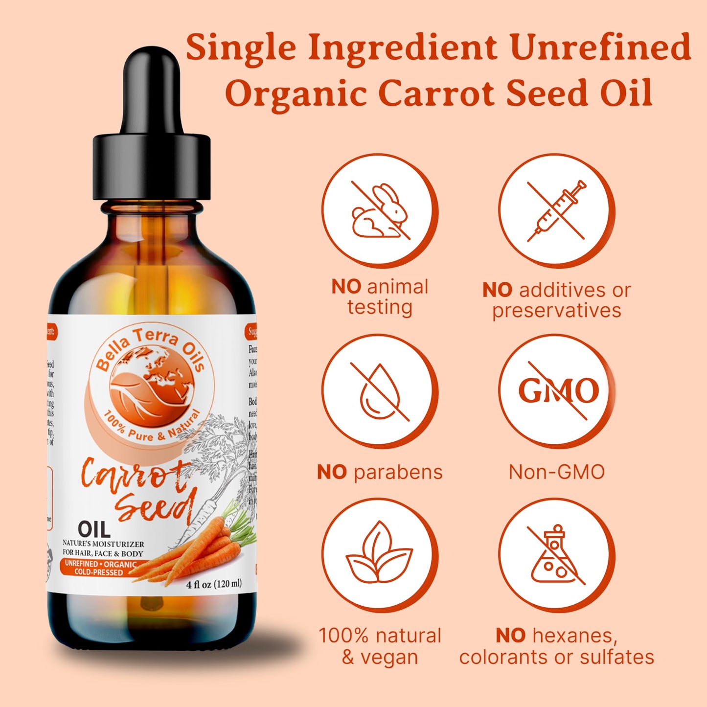 NEW Carrot Seed Oil. 4oz. Cold-pressed. Unrefined. Organic. 100% Pure. Daucus Carota. Hexane-free. Rejuvenates Skin and Softens Hair. Natural Moisturizer. For Hair, Face, Body, Nails, Stretch Marks.