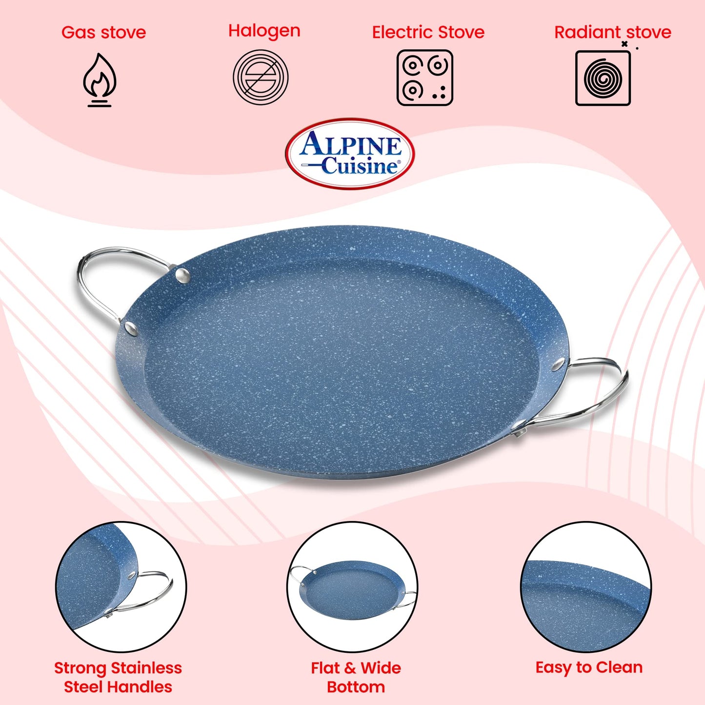 Alpine Cuisine - Plancha redonda Comal de 9.5 pulgadas, plancha azul con doble asa duradera, duradera y resistente Comal para cocinar, calentamiento uniforme