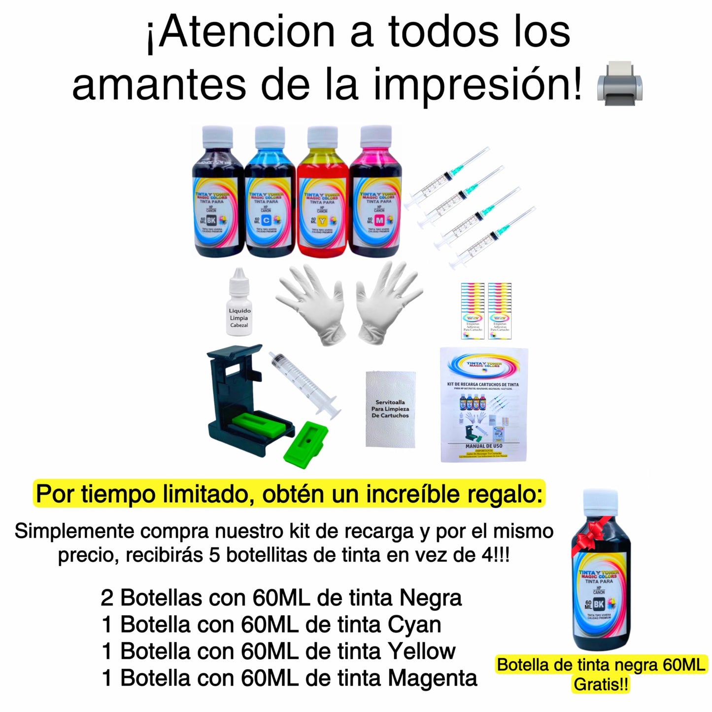 Genérico Kit Recarga de Tinta Compatible para Cartucho HP 667/664/662/122 Incluye 4 Botellas De Tinta Dye de 60ML c/u