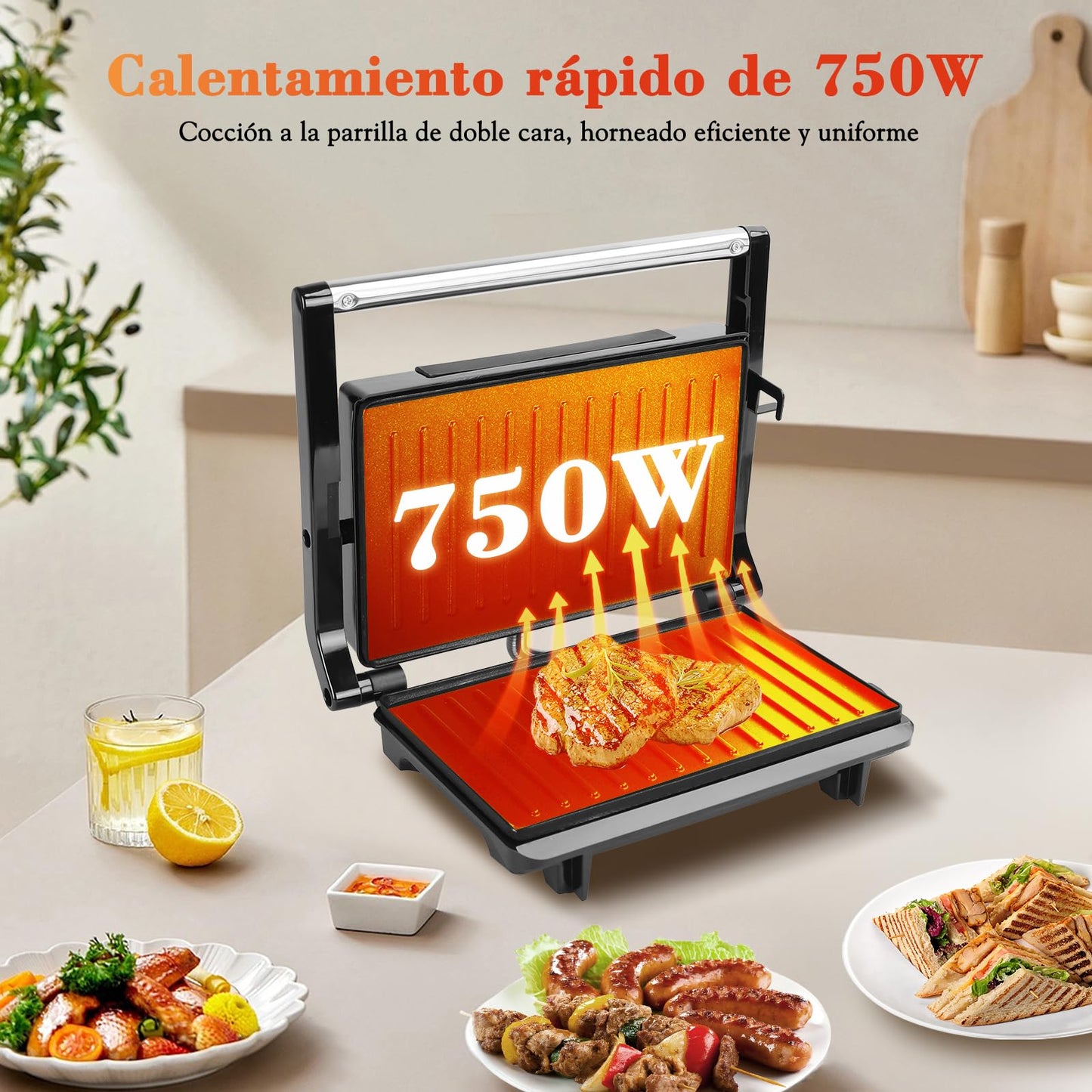 Aigostar Sandwichera Electrica, prensa de panini de doble cara, 750W, Recubrimiento Antiadherente, Con luz indicadora y fácil de limpiar.