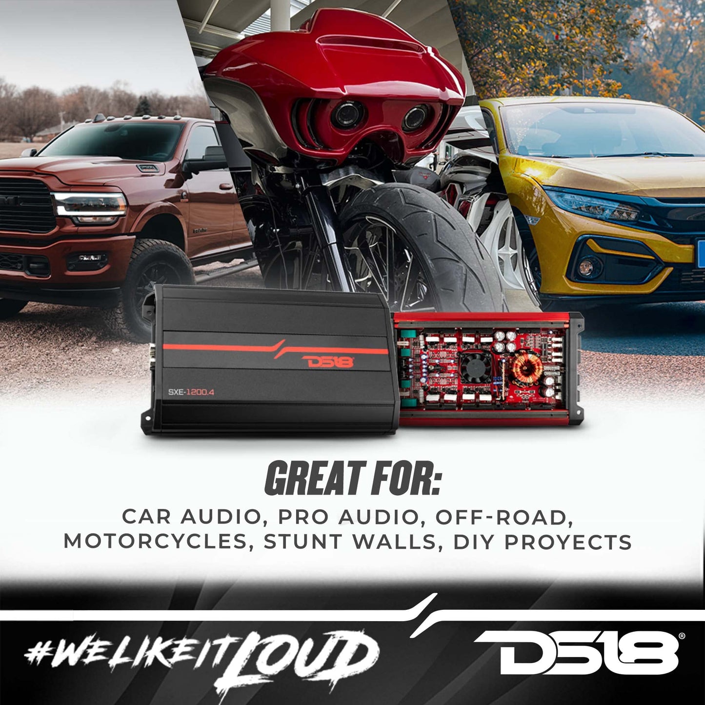 Amplificador Estéreo DS18 Rojo Clase A/B 4 Canales 1200 Vatios para Coche