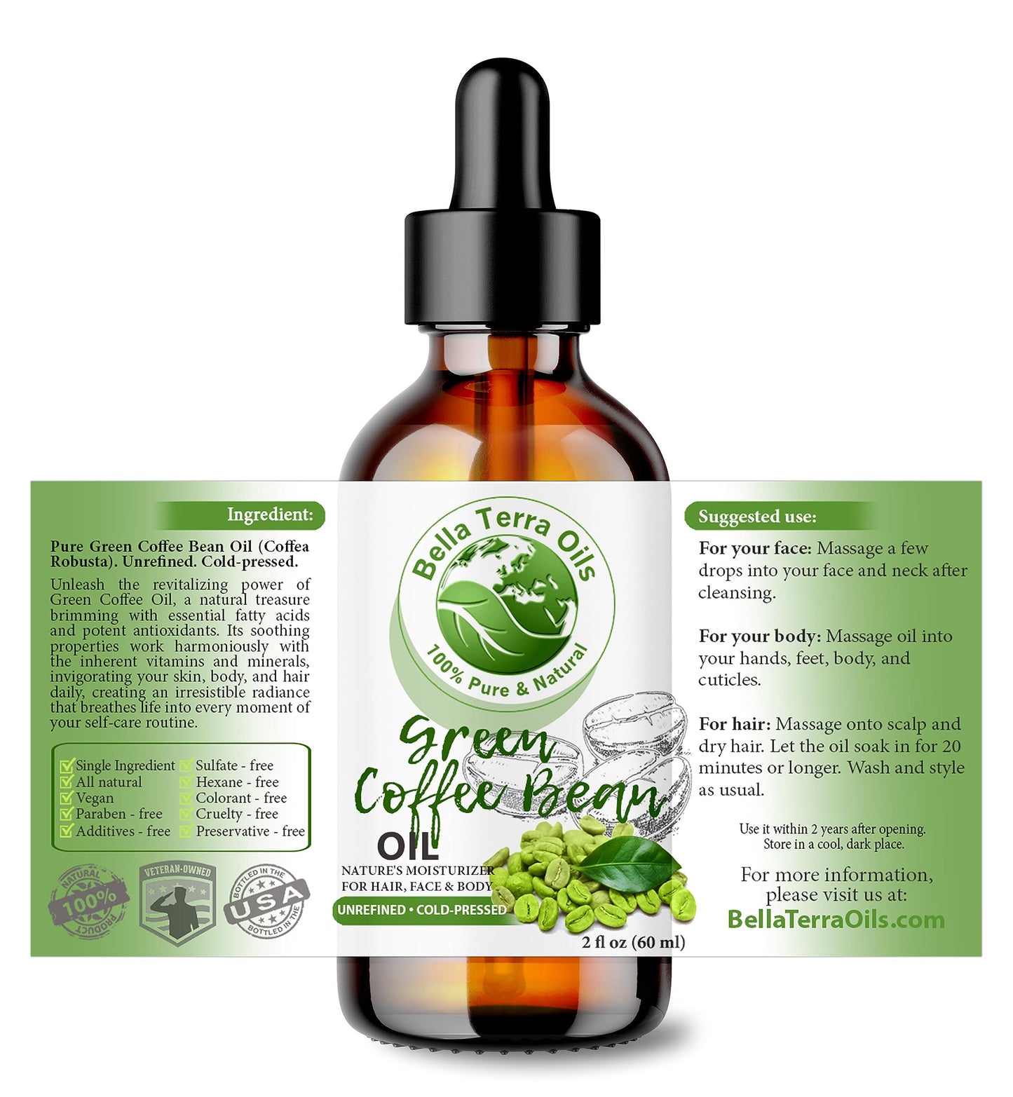 NEW Green Coffee Bean Oil. 2oz. Cold-pressed. Unrefined. Organic. 100% Pure. Non-comedogenic. Hexane-free. Reduces Eye Puffiness. Natural Moisturizer. For Hair, Skin, Nails, Stretch Marks, Scars.