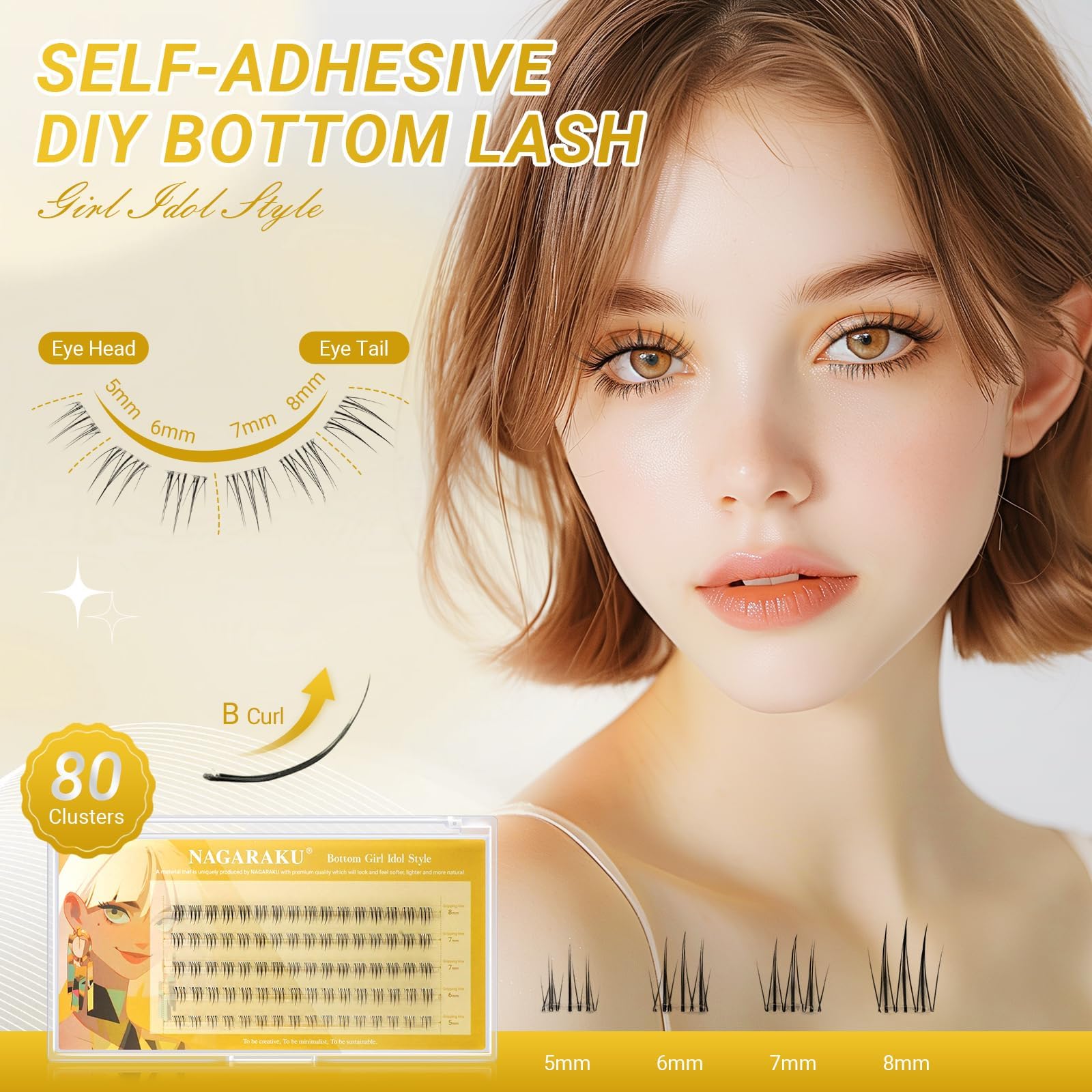 NAGARAKU Pestañas inferiores postizas 80 Pcs No Necesita Pegamento Ni Removedor Presión En Un Solo Paso Pestañas Reutilizables Prepegadas En Casa Pestañas Inferiores (BSA-02, 0.07 B Curl 5-8mm)