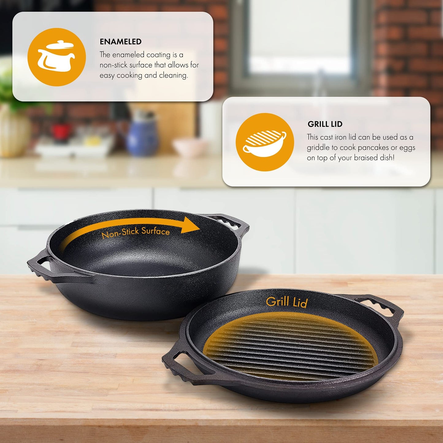Bruntmor - Horno holandés de hierro fundido presazonado 2 en 1 con doble asa, cacerola doble de cocotte con tapa para parrilla, 3.3 cuartos de galón, parrilla para barbacoa, freidora, juego de